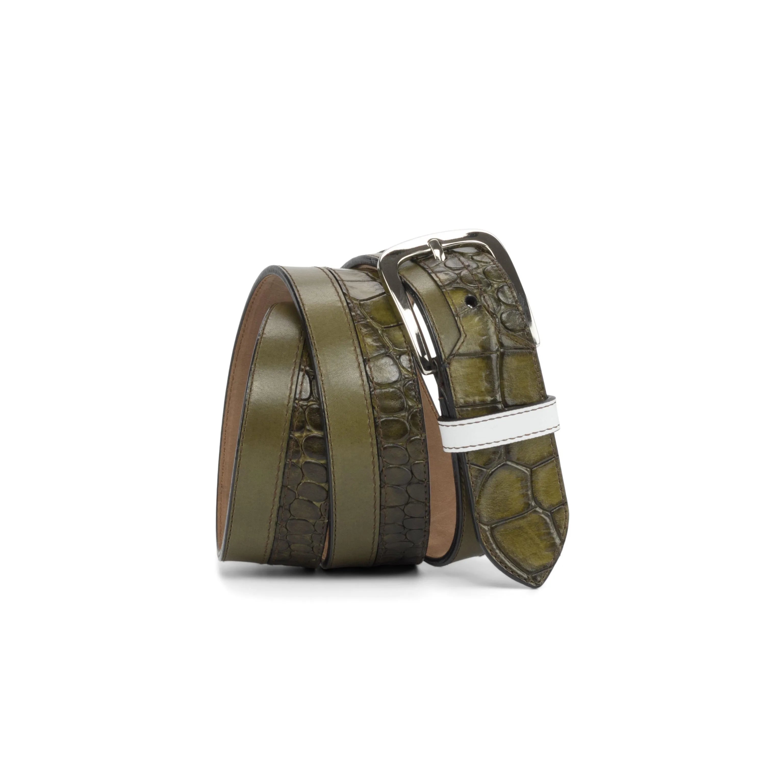 Olive green crocodile-patterned Howard Marseille Belt for stylish accessorizing