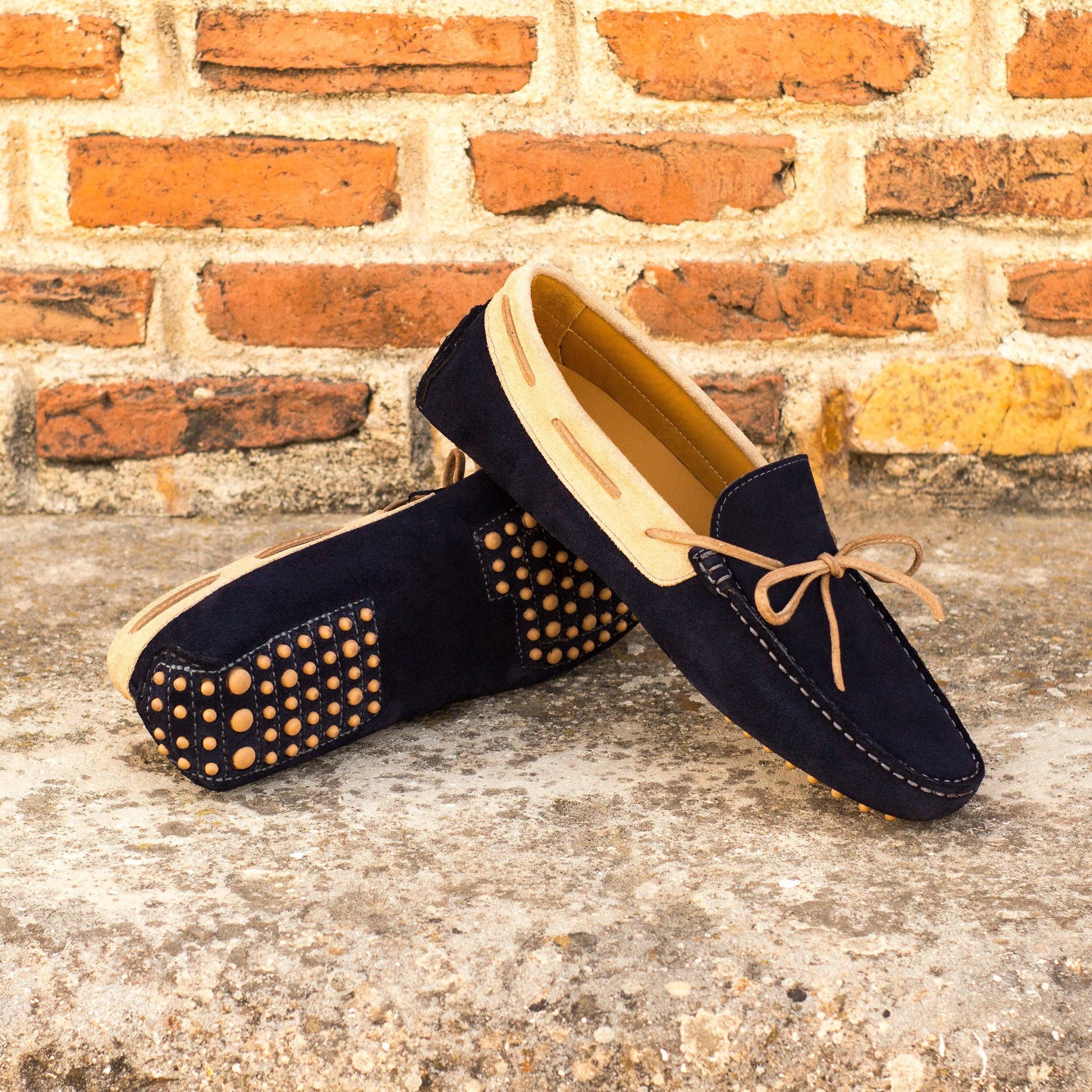 Hudson Driver navy blue suede loafers with gold studs and tan laces, men casual shoes