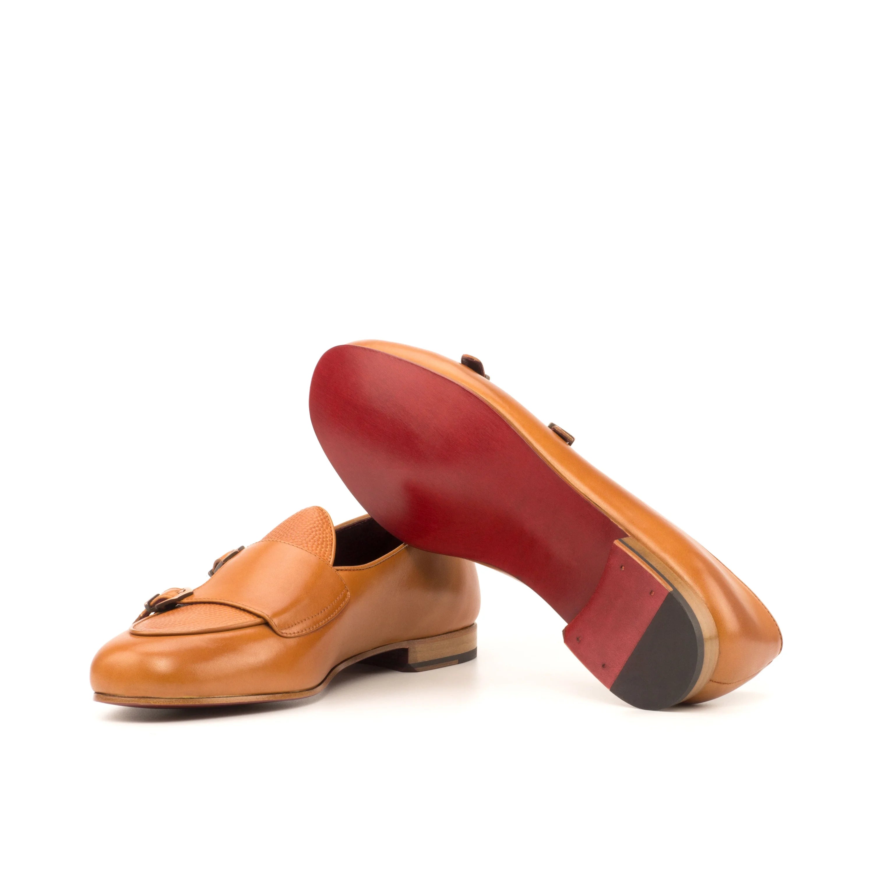 Tan Belgian monk slipper with red sole and gold buckle
