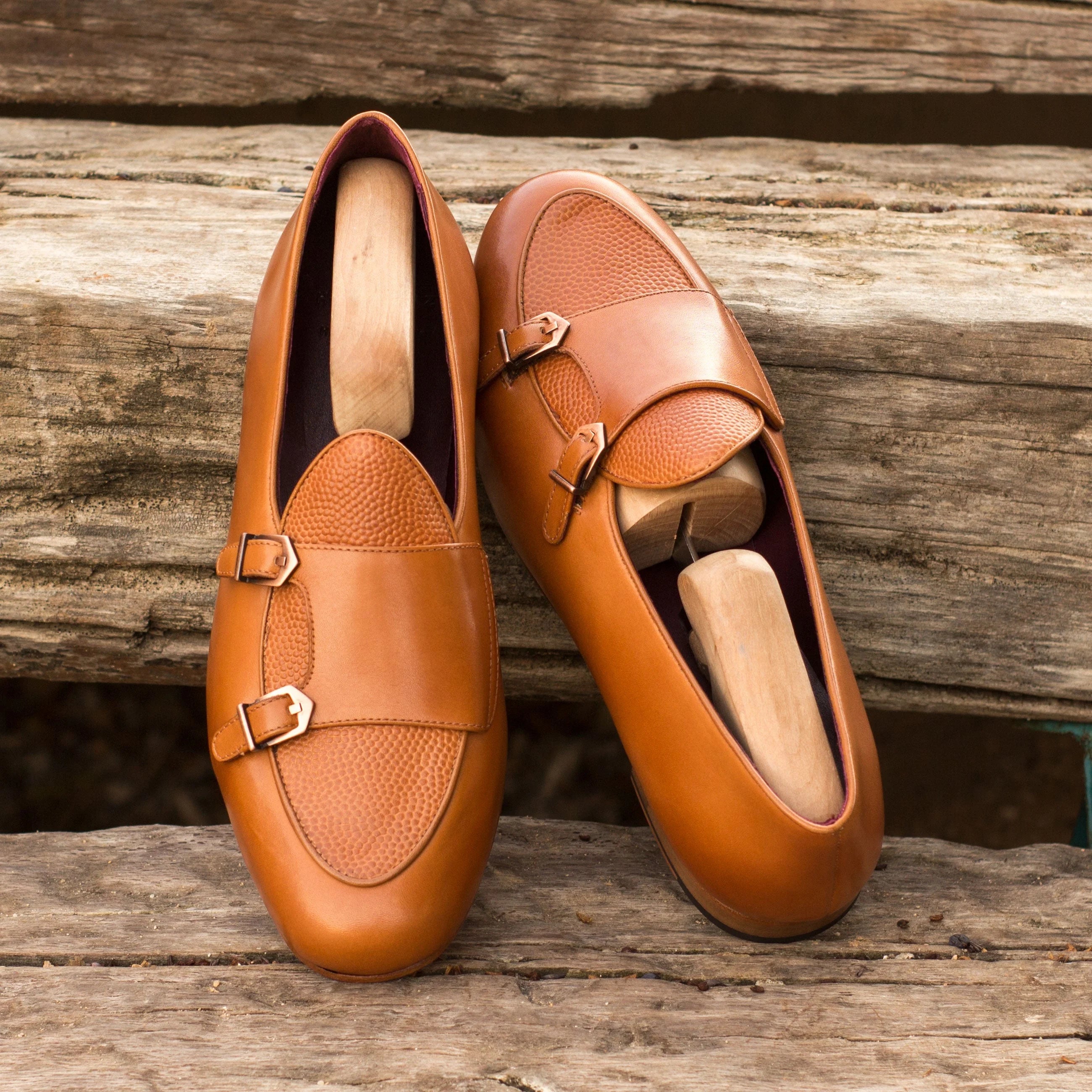 Ibb Belgian Monk Slipper: Tan leather double monk with buckle and textured toe cap