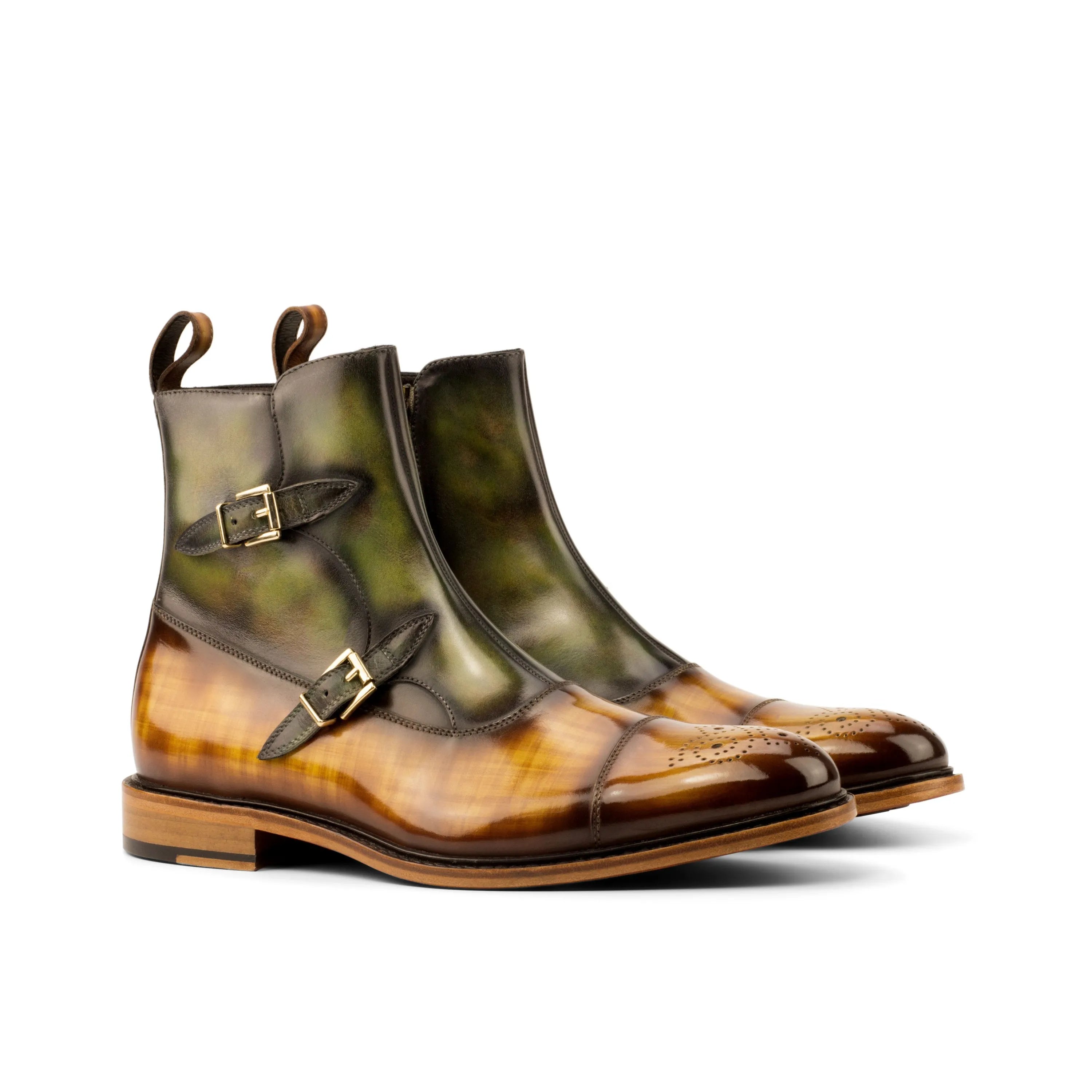 Olive and brown leather monk strap boots from Igasho Octavian Patina collection
