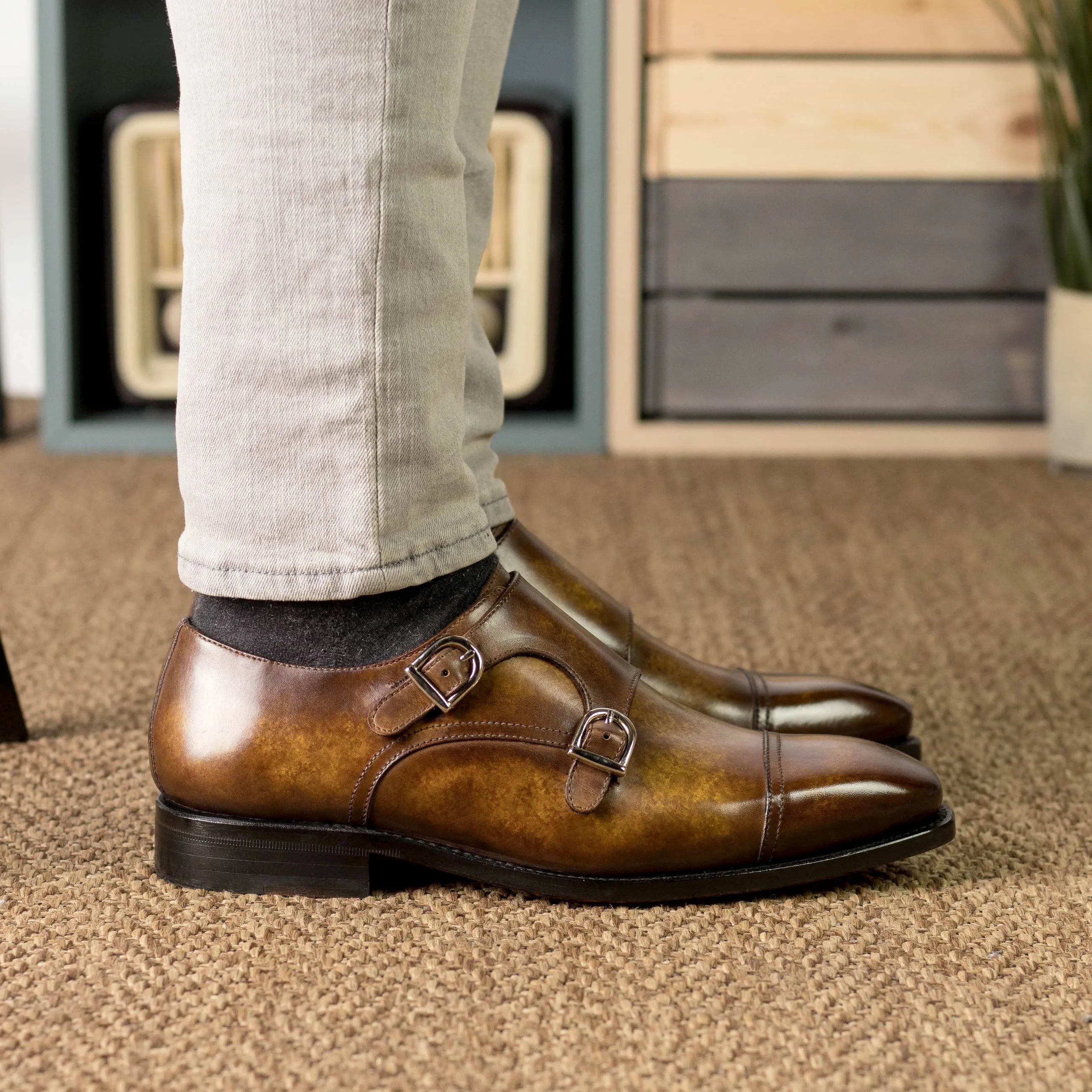 Brown leather Imperial Patina Double Monk strap shoes for elegant footwear style