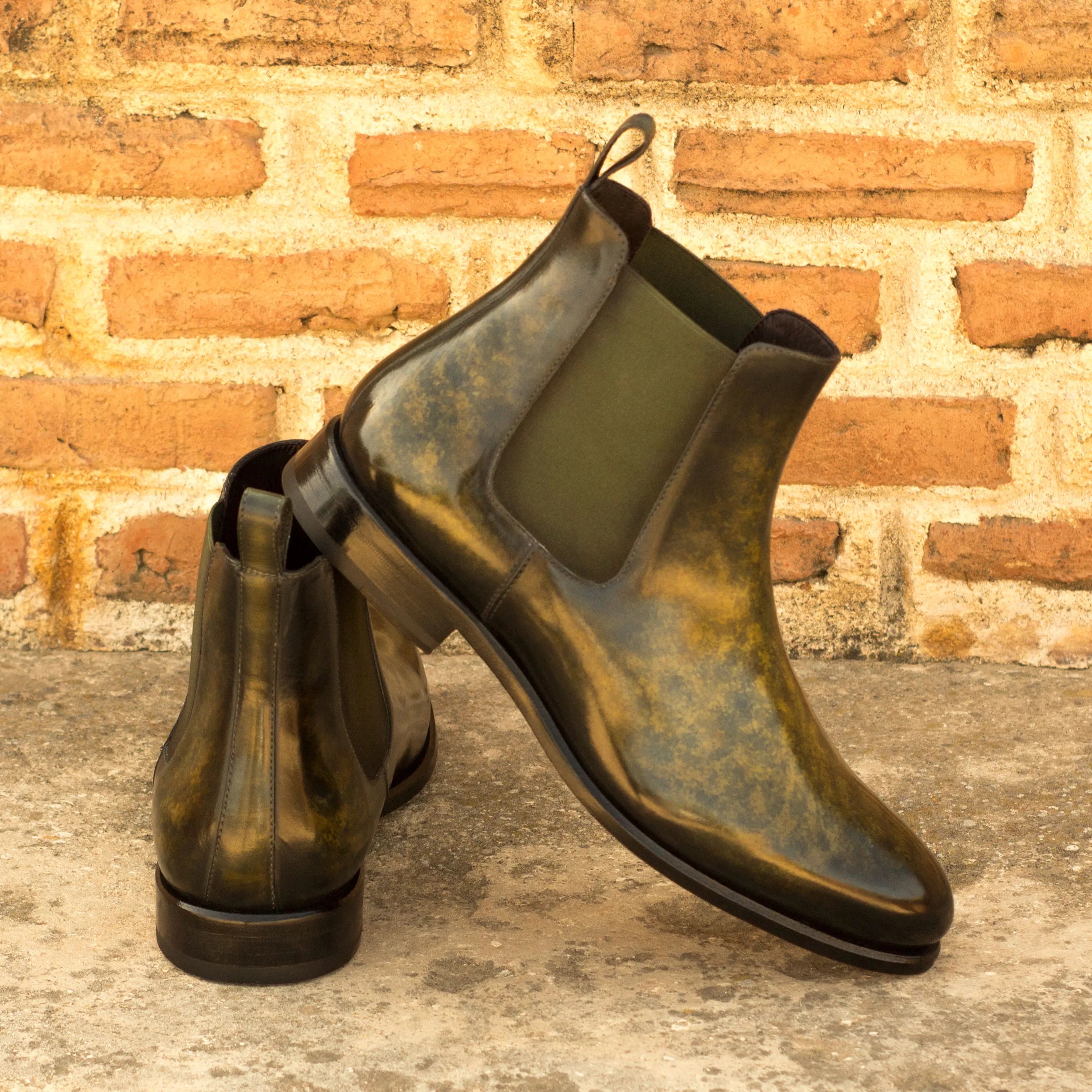 Olive green leather Frank Patina Chelsea Boot from Irish Frank Patina collection