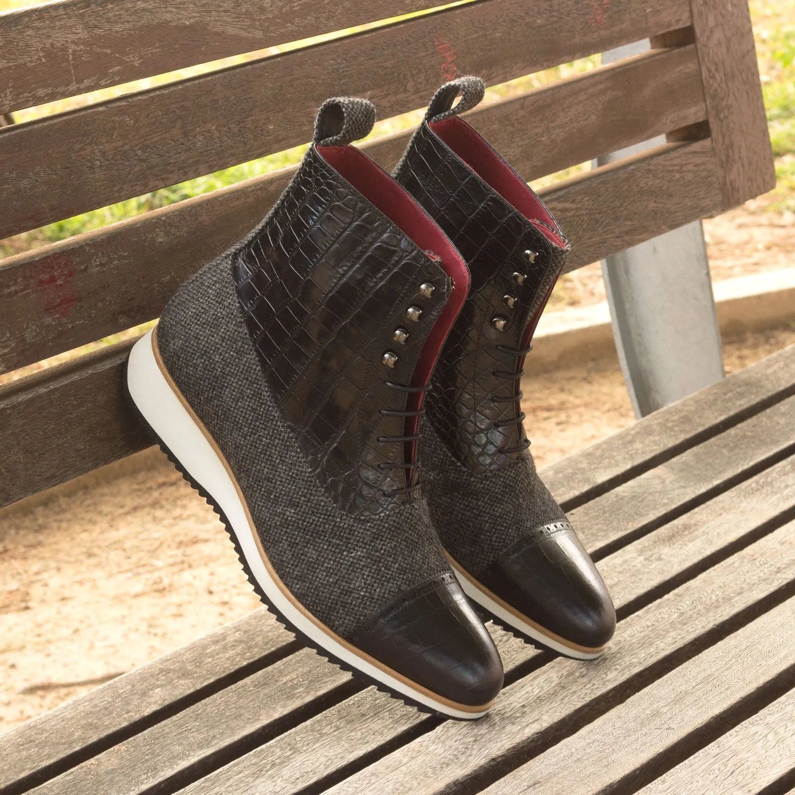 Stylish Ismay Balmoral Boots made of black calf leather and tweed for refined elegance
