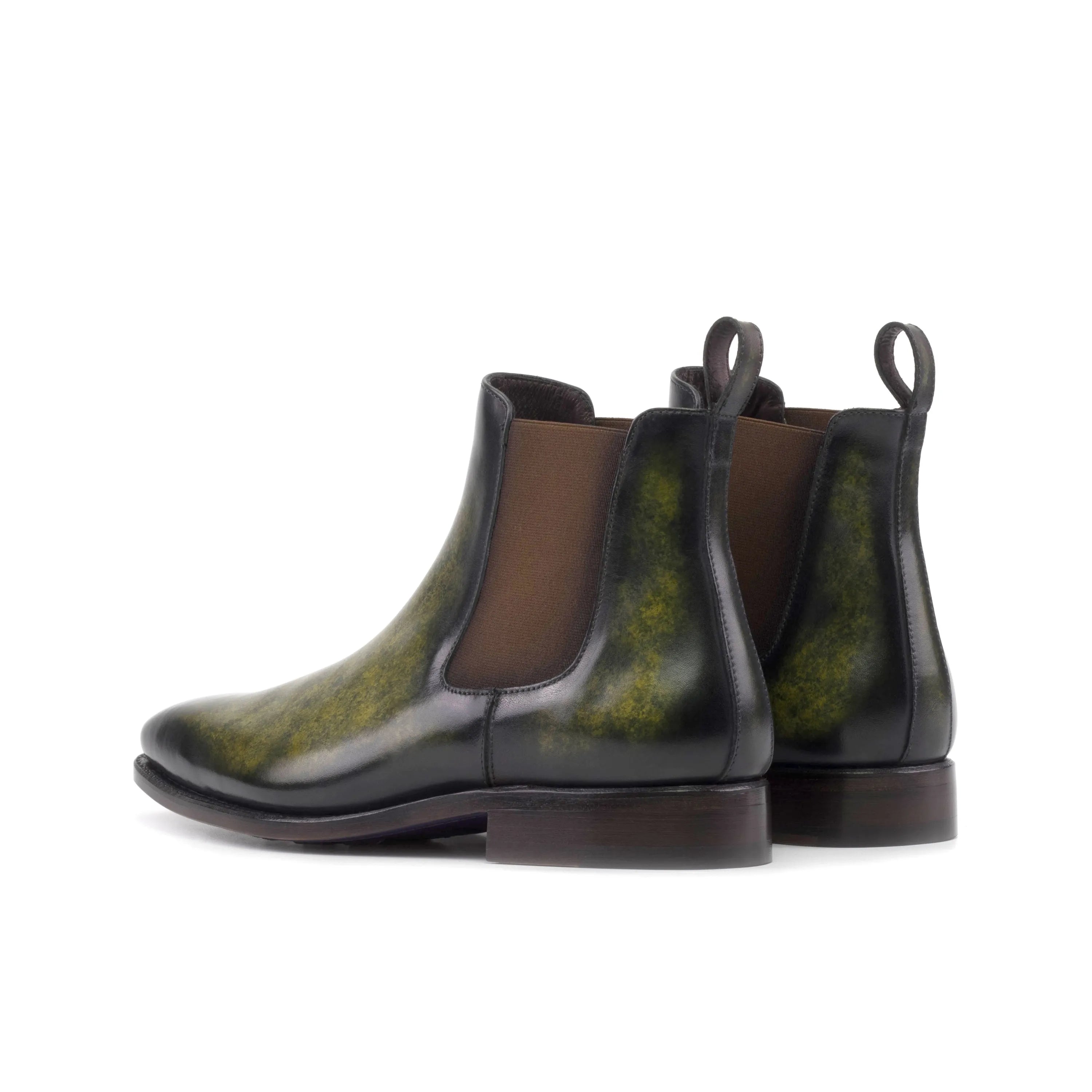 Green and black leather Ivoire Patina Chelsea Boots showcasing elegant patina finish