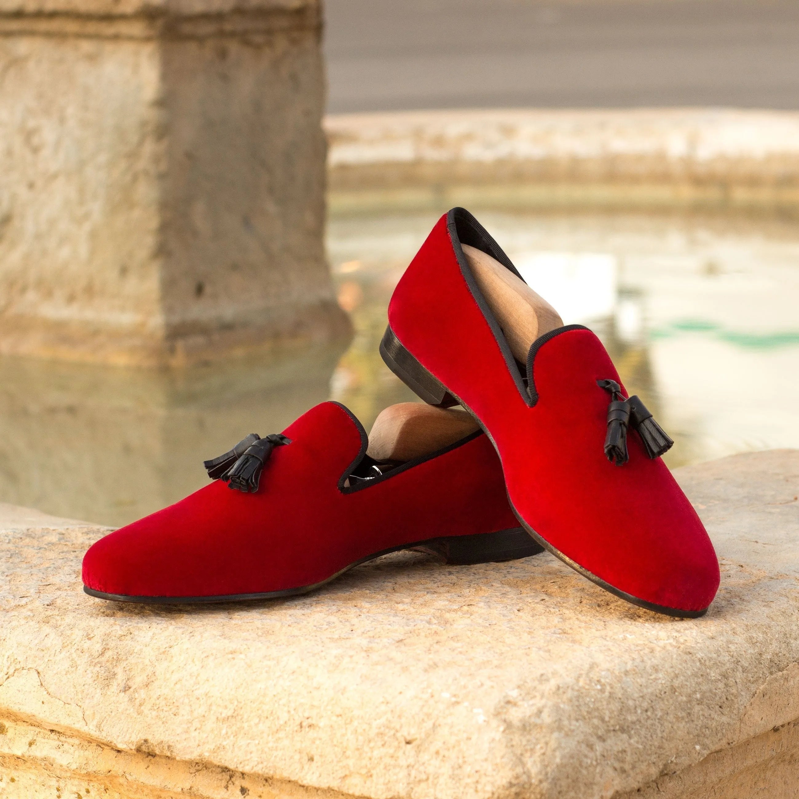 Red velvet tassel loafers featured in Ivymain Wellington slipon collection