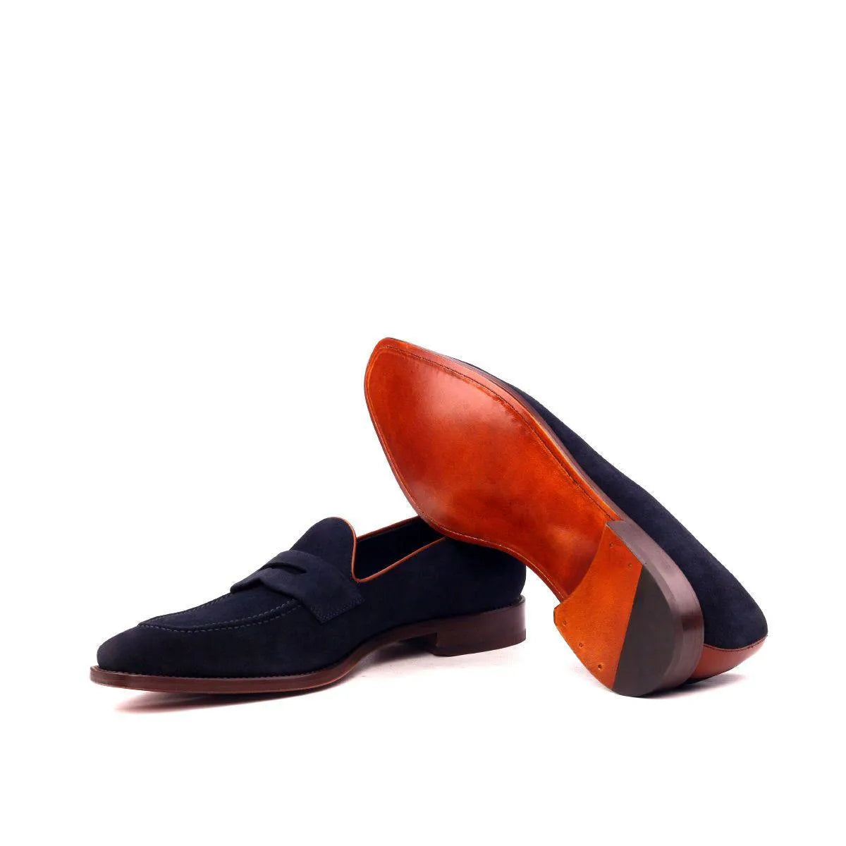 Navy suede penny loafers from Jagg Loafers, luxury bespoke shoes for men