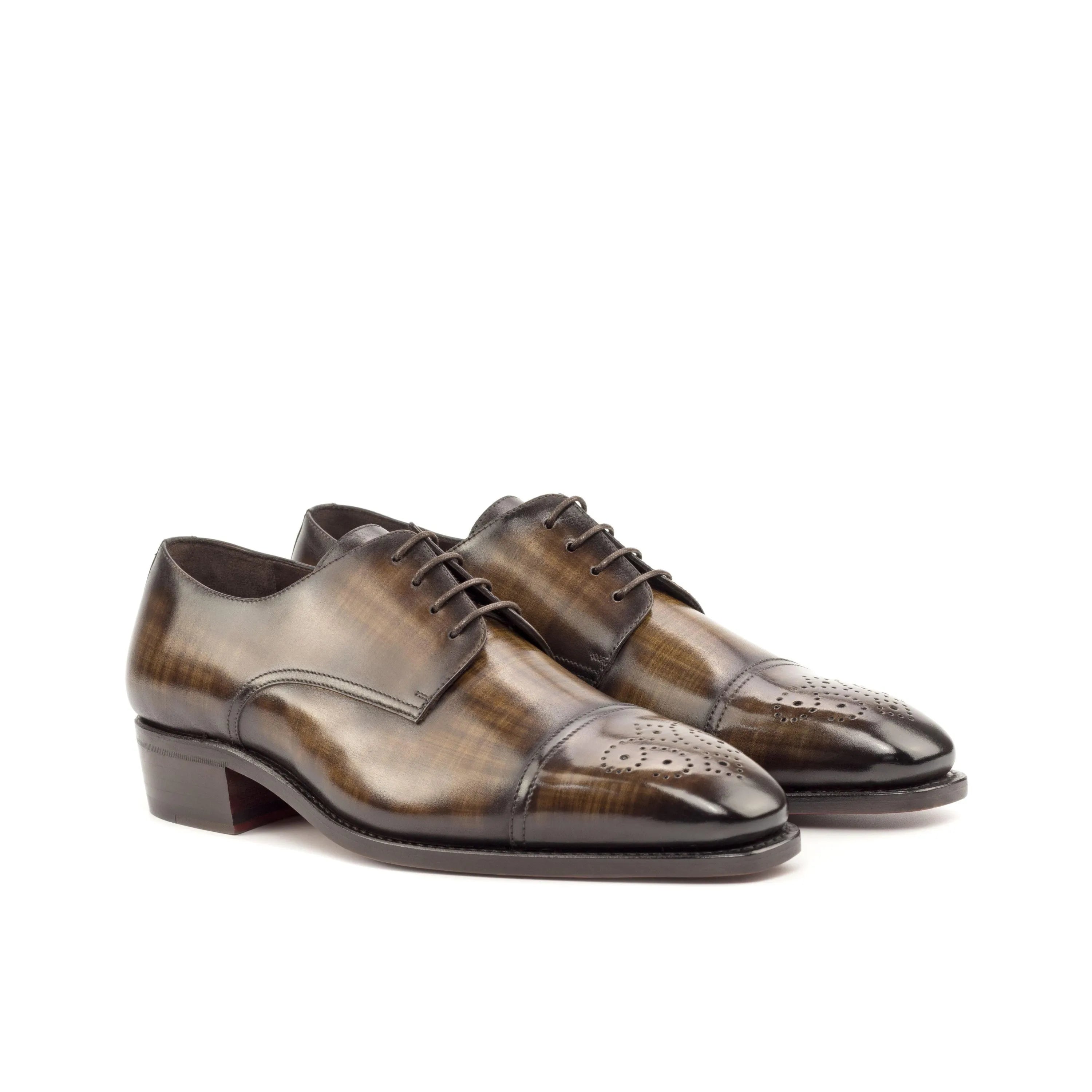 Pair of brown leather Jake Patina Derby Shoes featuring a classic derby split toe design