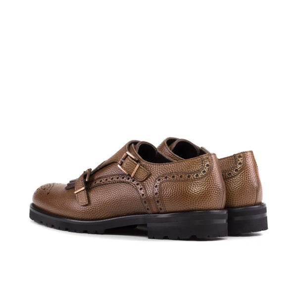 Brown leather monk strap shoes featuring Jalpa Kiltie unisex design