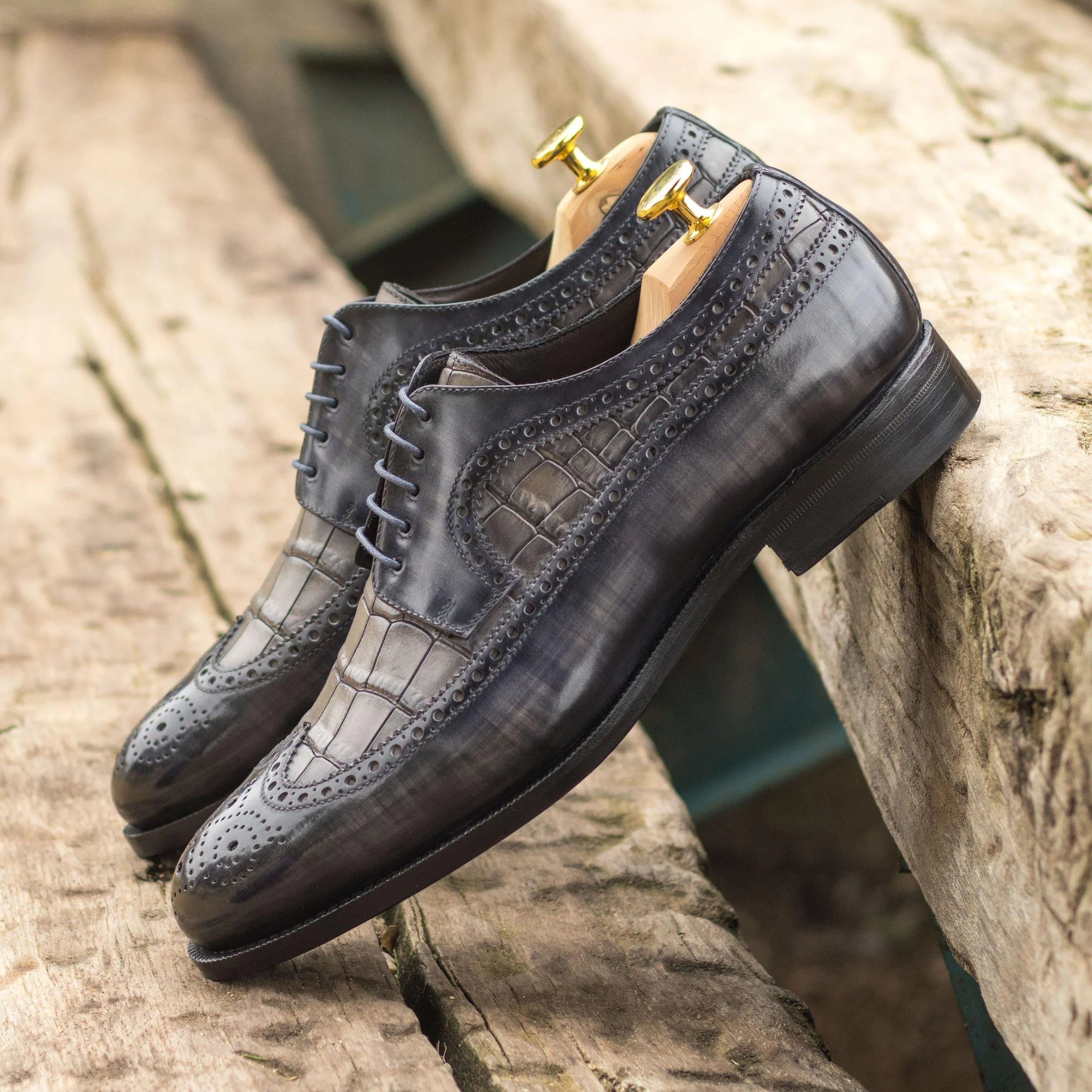 Gray leather Javis Patina Longwing Blucher dress shoes featuring classic wingtip design