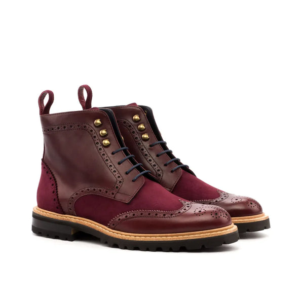 Burgundy leather and suede Jayanta Ladies Military Brogue boots showcasing elegance