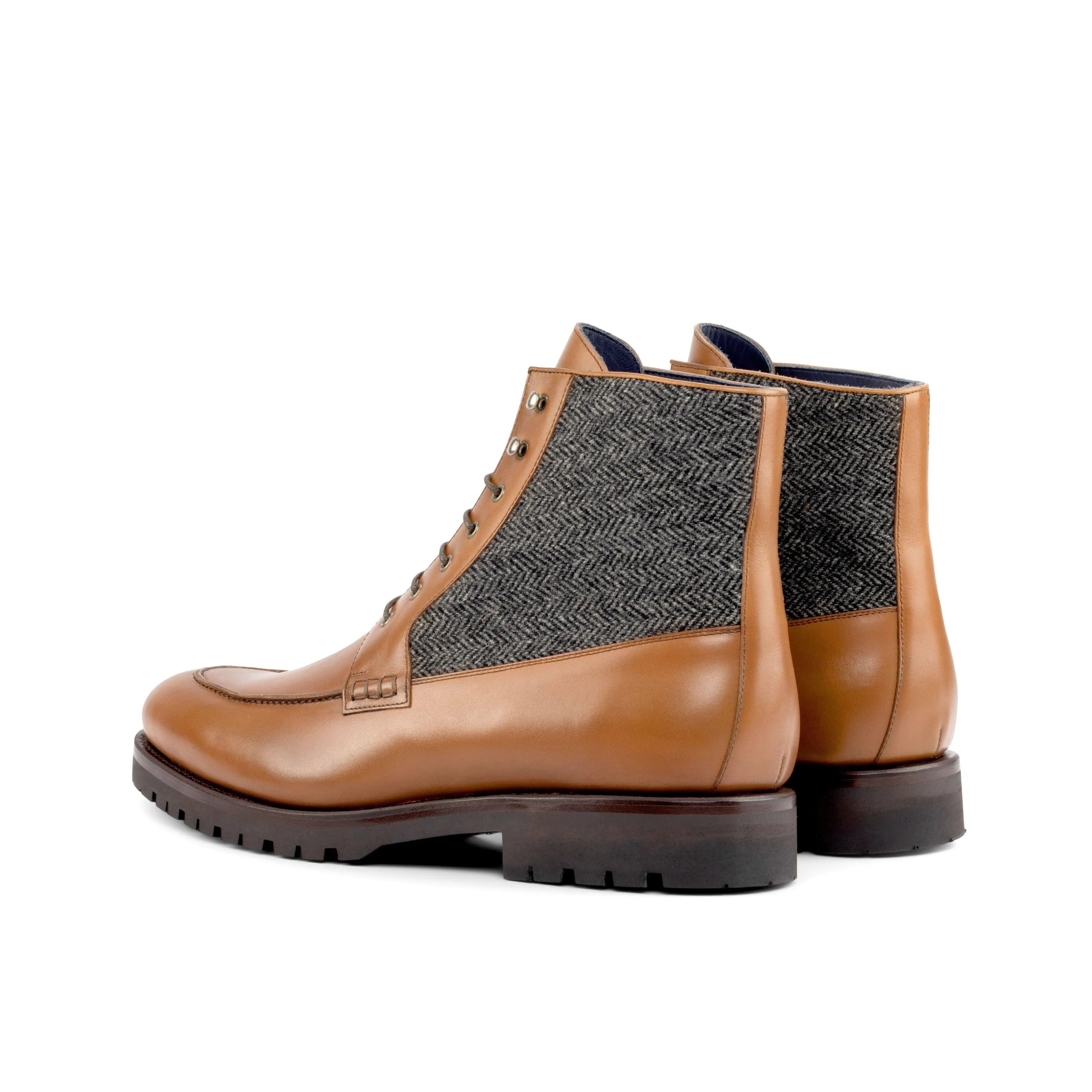 Brown leather and herringbone tweed JD Moc Boot, luxury bespoke shoes for men