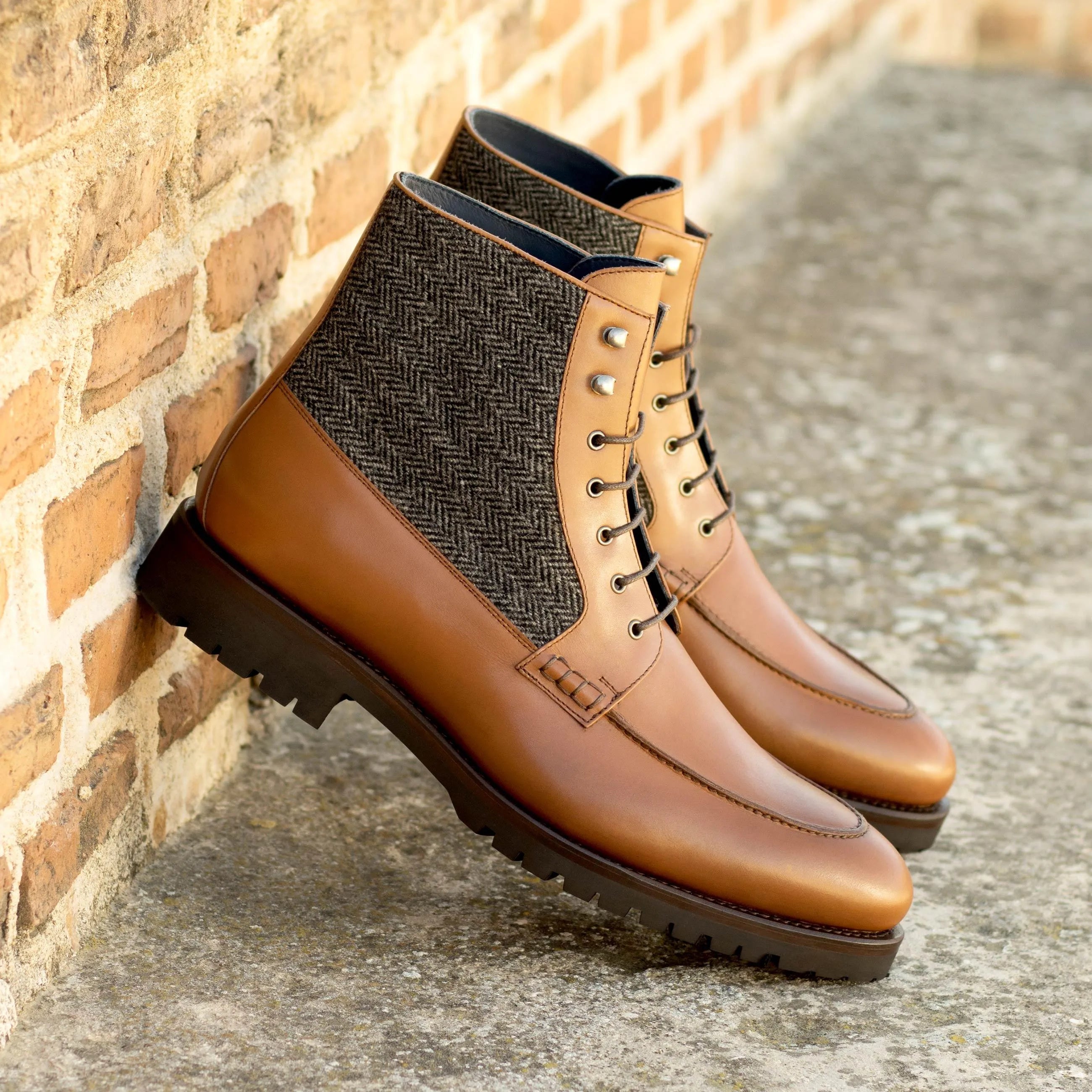 Brown leather and herringbone tweed JD Moc Boot, a luxury bespoke shoe for men