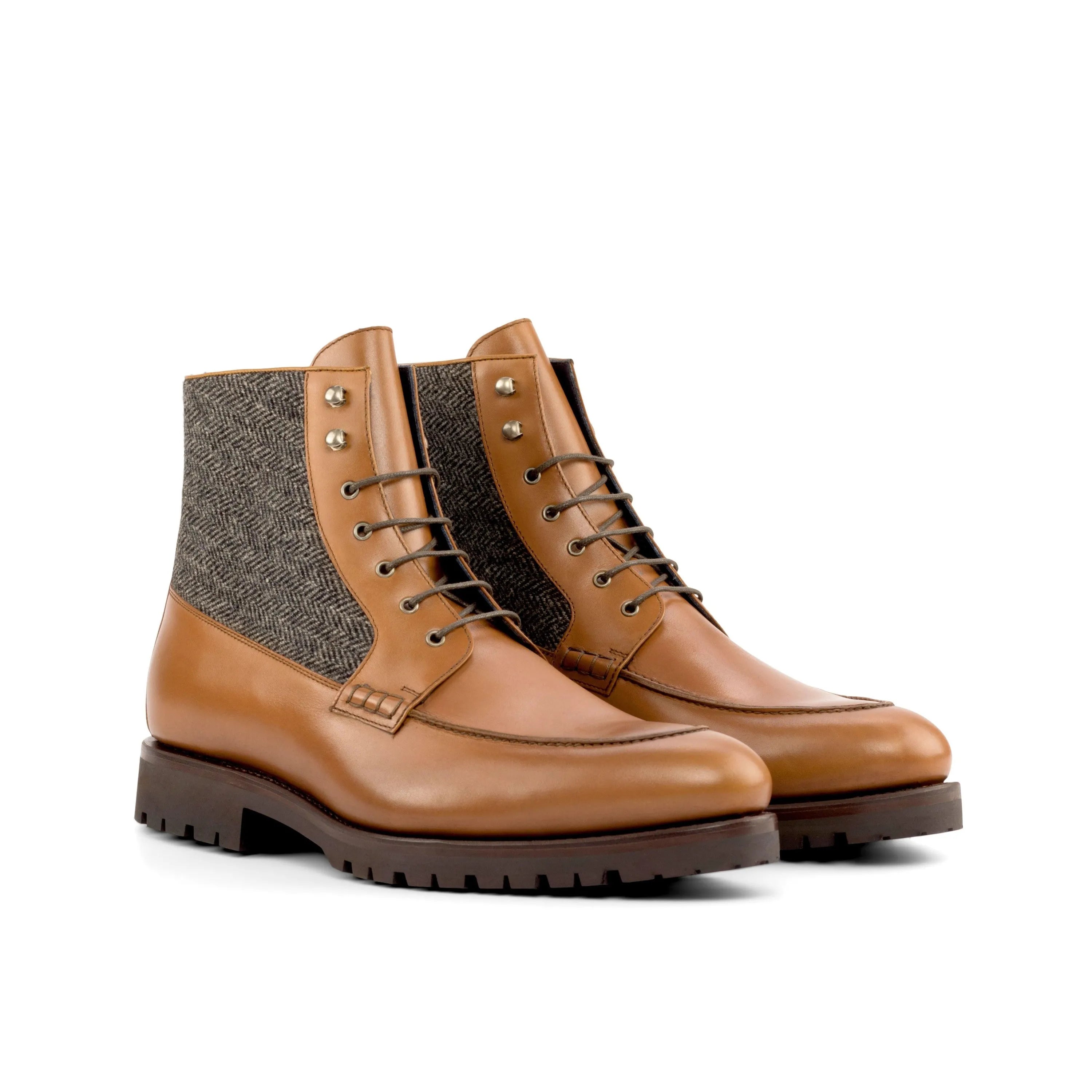 Brown leather and tweed JD Moc Boot, ideal luxury bespoke shoes for men