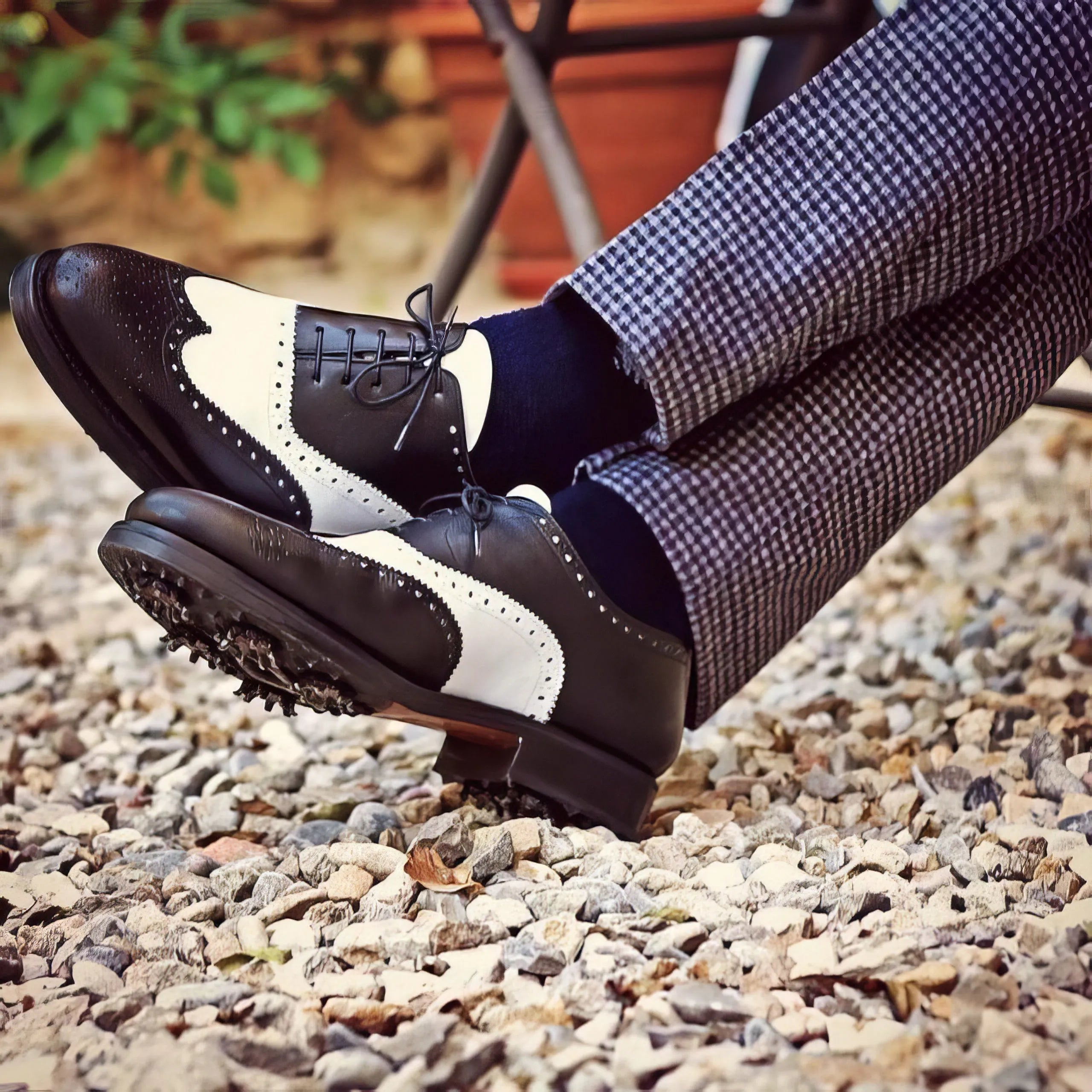 Jim Full Brogue Golf Shoes featuring stylish two-tone design in premium box calf leather