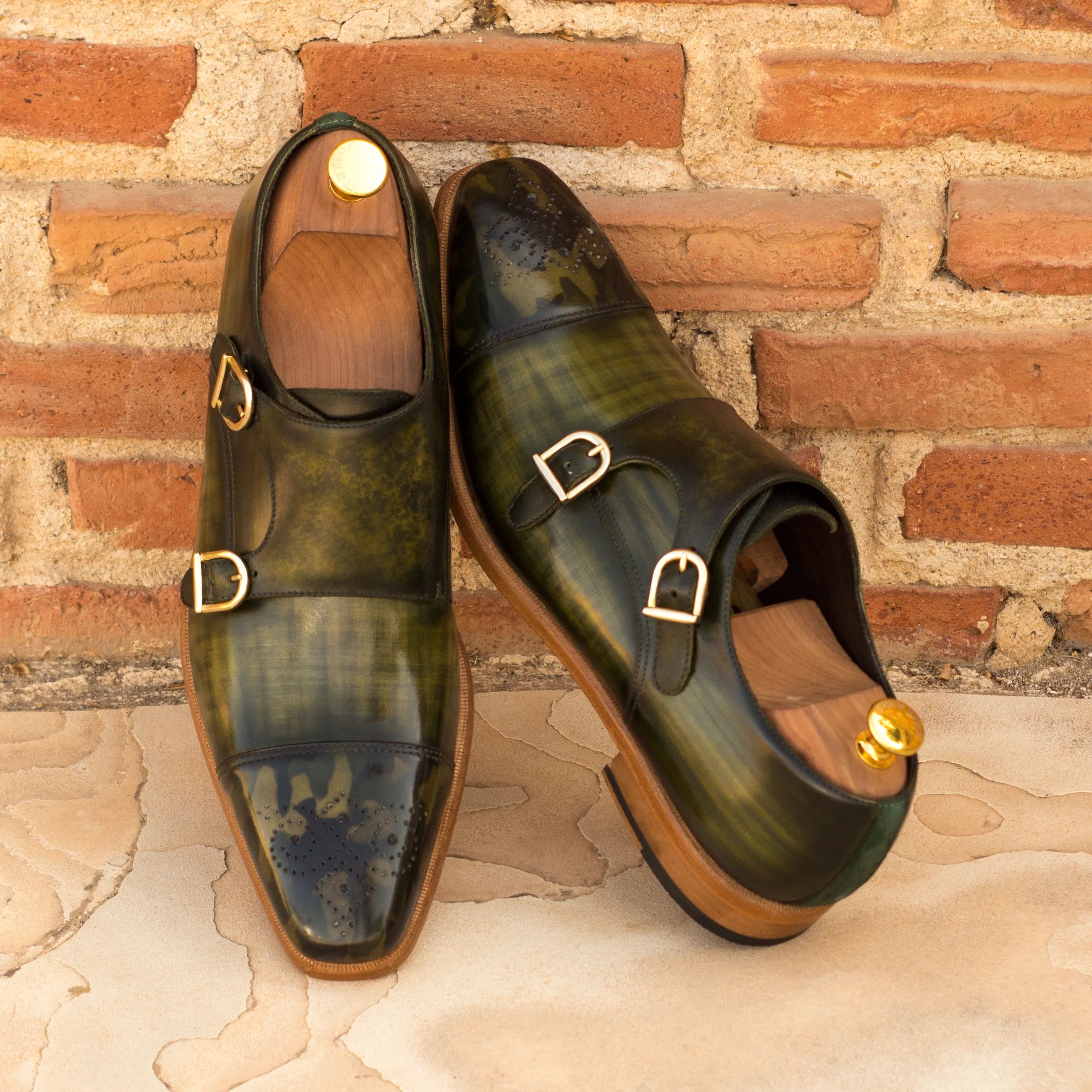 Green leather Joker Double Monk Patina shoes showcasing elegant double monk strap design