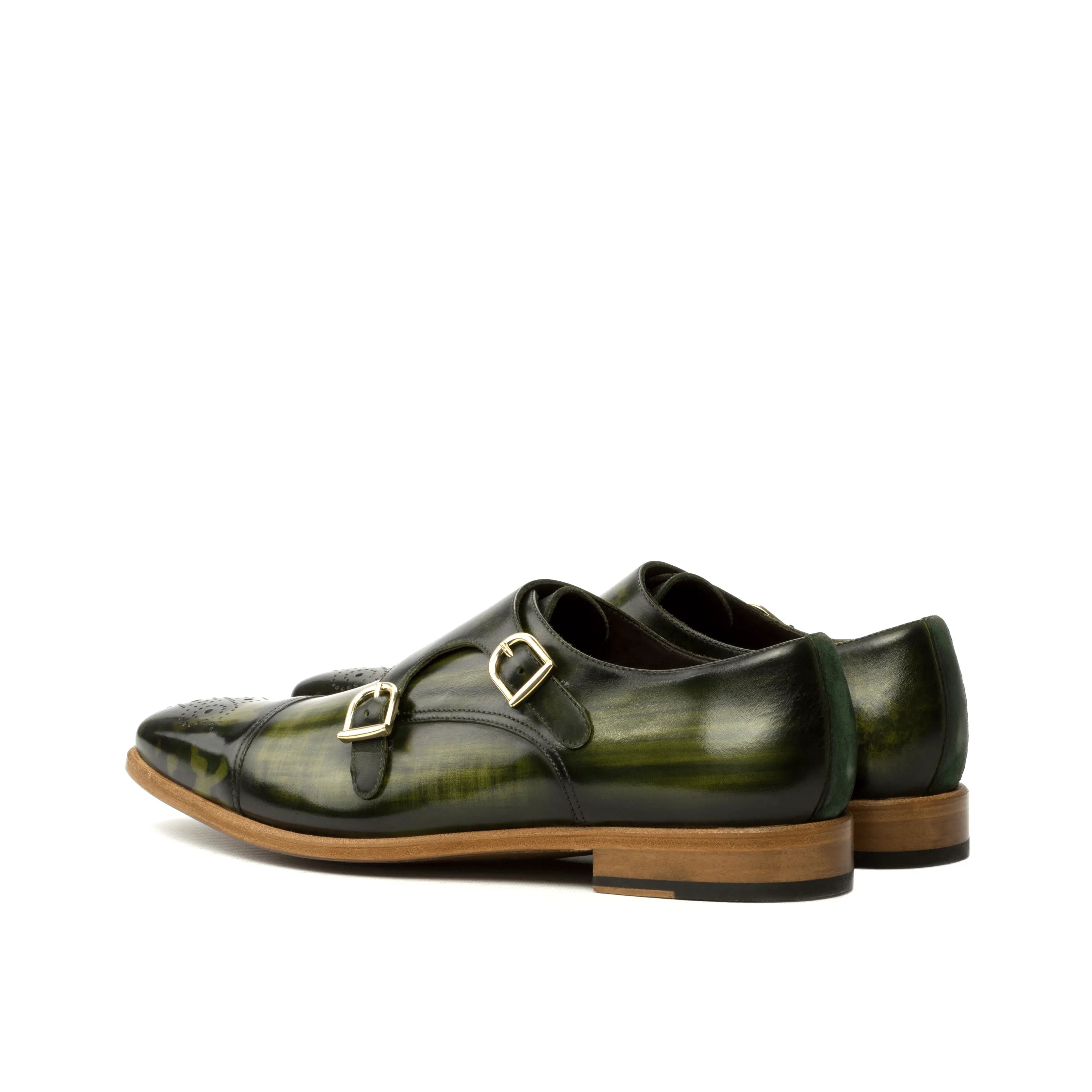 Green leather Joker Double Monk Patina shoes featuring a stylish double monk strap design