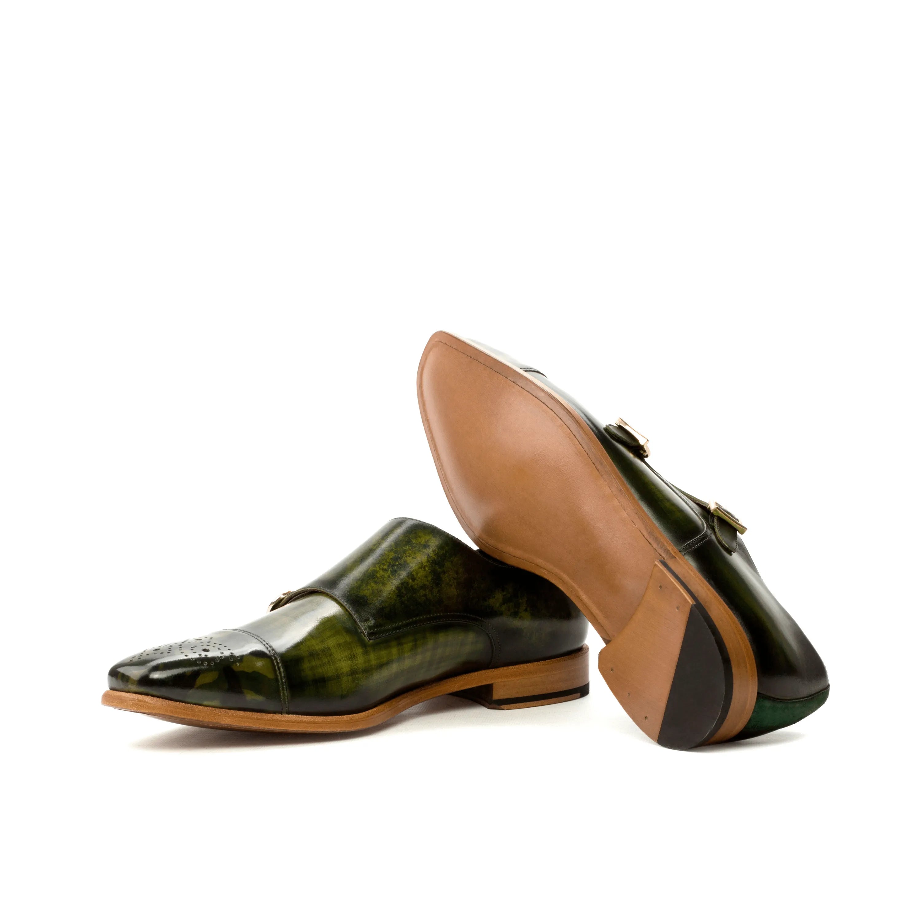 Pair of green leather Joker Double Monk Patina shoes showcasing elegant craftsmanship