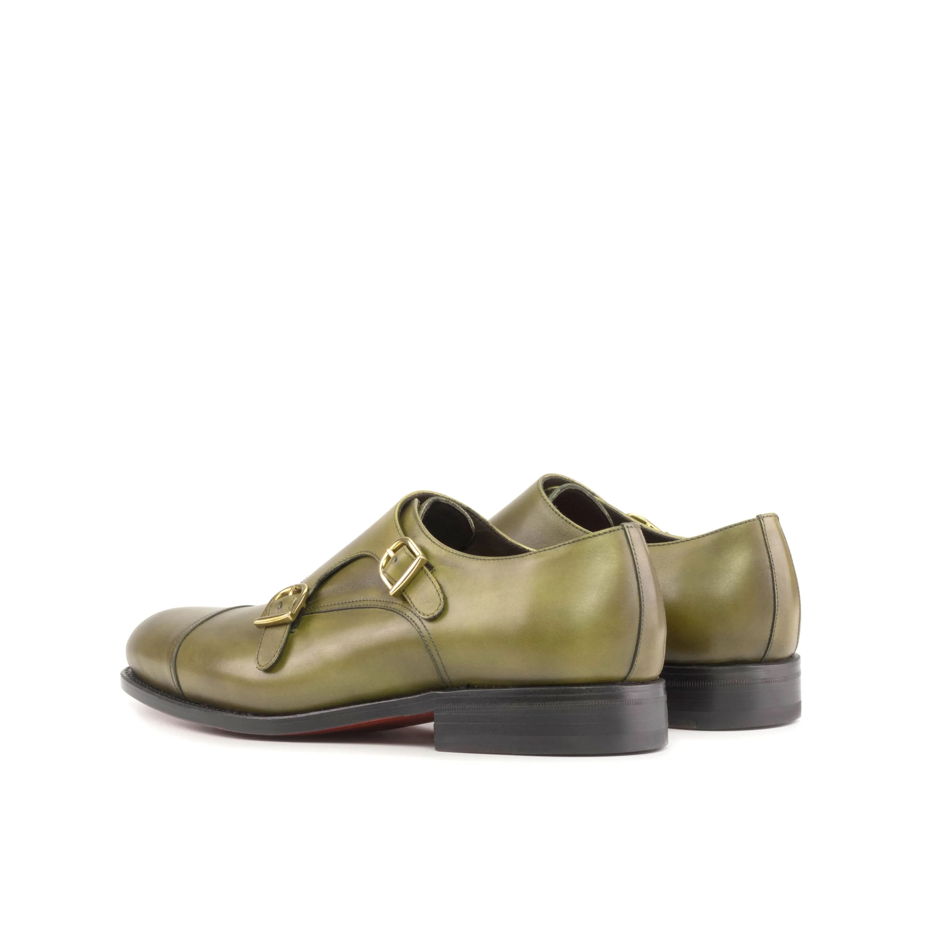Olive green leather Jorgo Double Monk Shoes II showcasing elegant double monk strap design