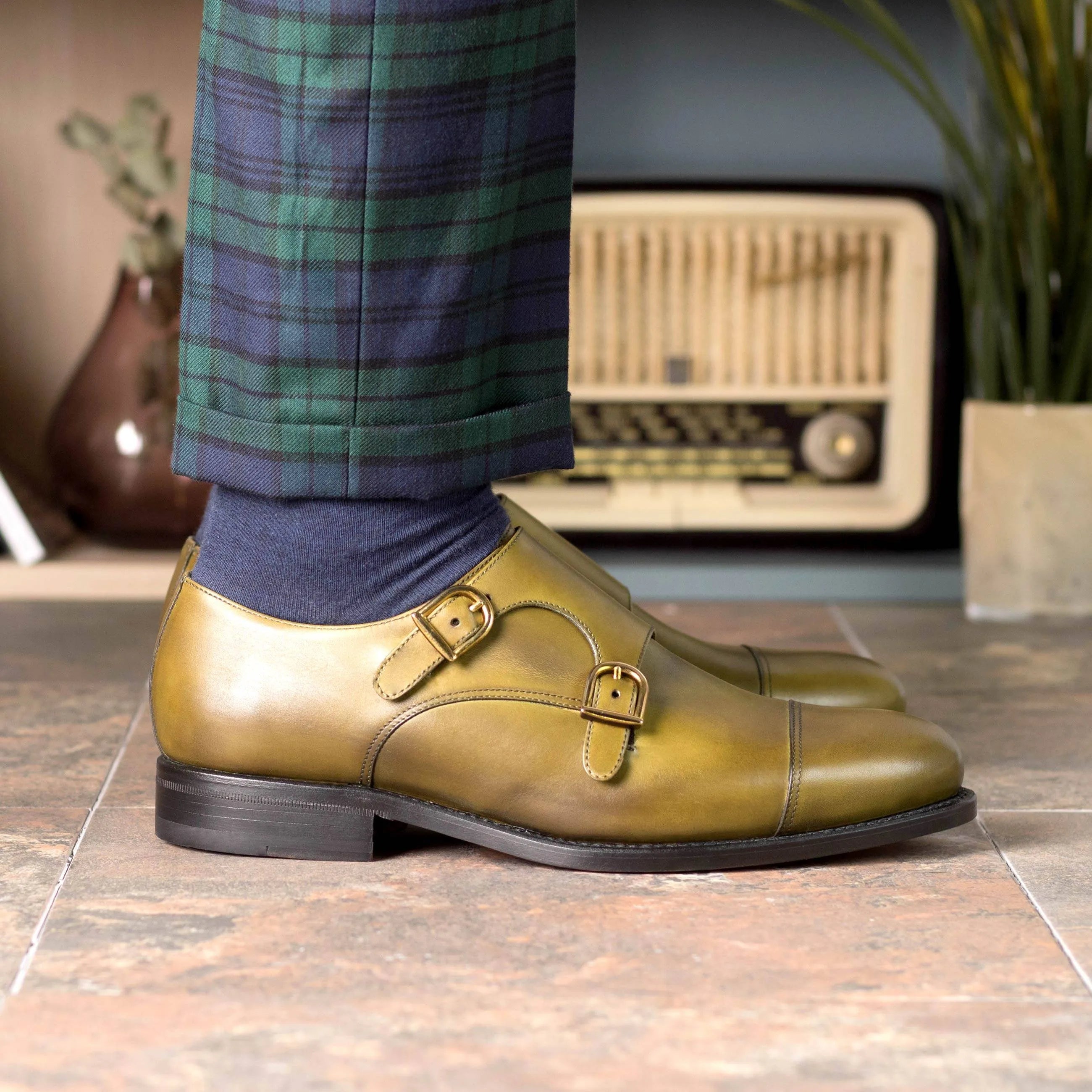 Olive green Jorgo Double Monk shoes, elegant double monk strap design for fast lane fashion