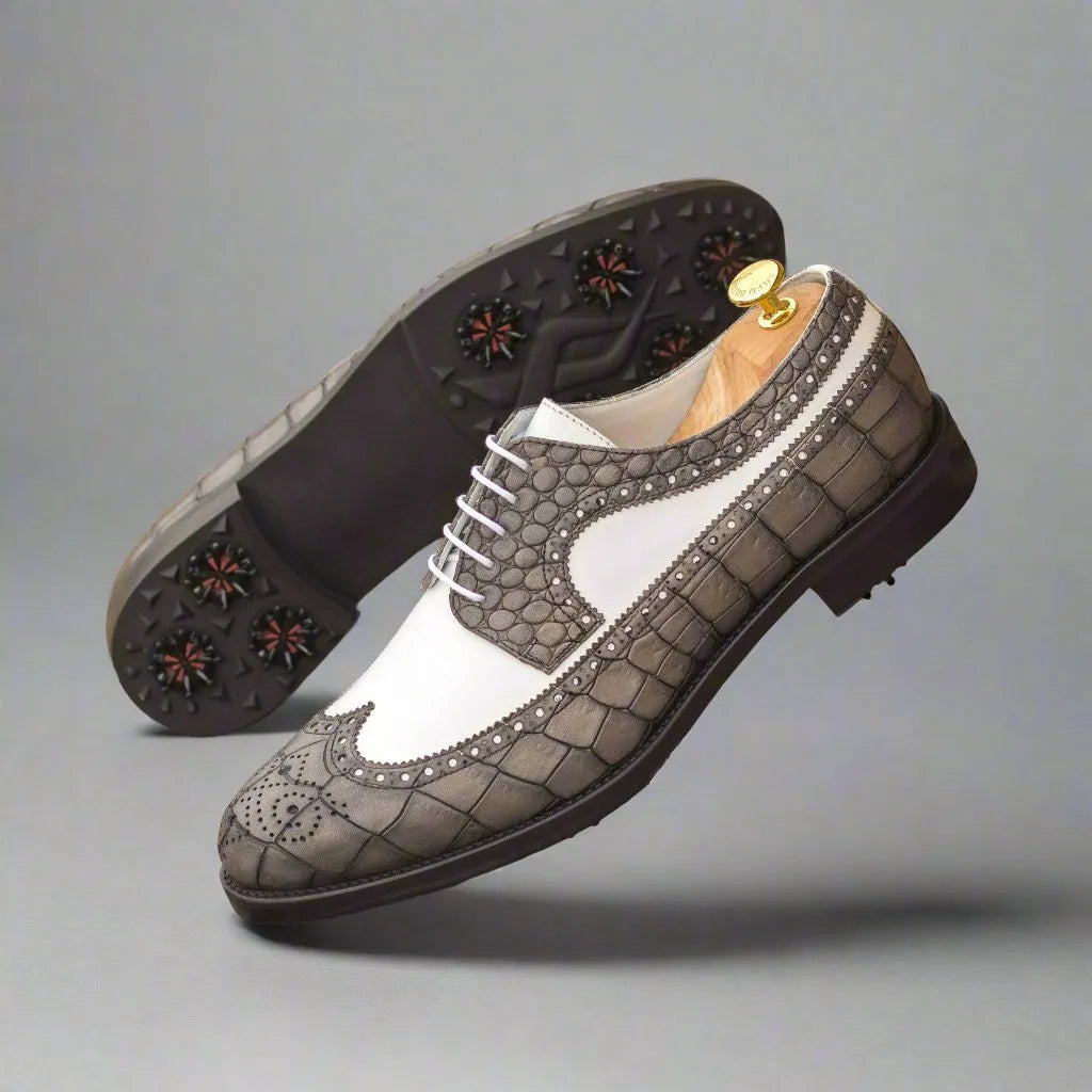 Two-tone Joseph Longwing Blucher Golf Shoes featuring spikes for enhanced traction