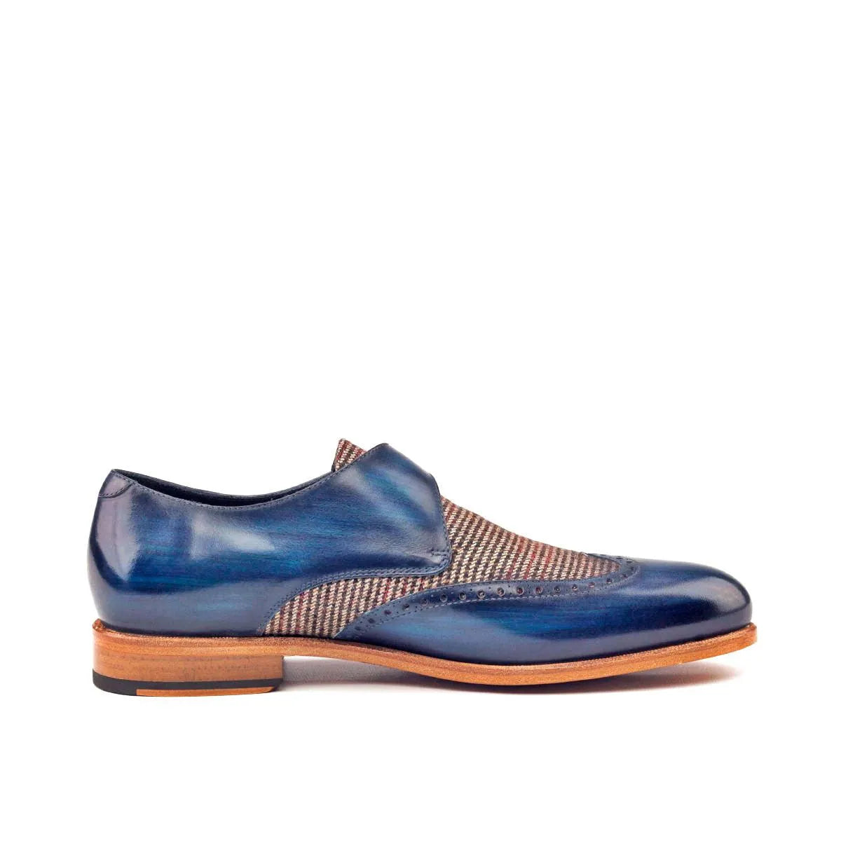 Blue leather and tweed JR Single Monk Patina Shoes II, elegant monk patina shoes design