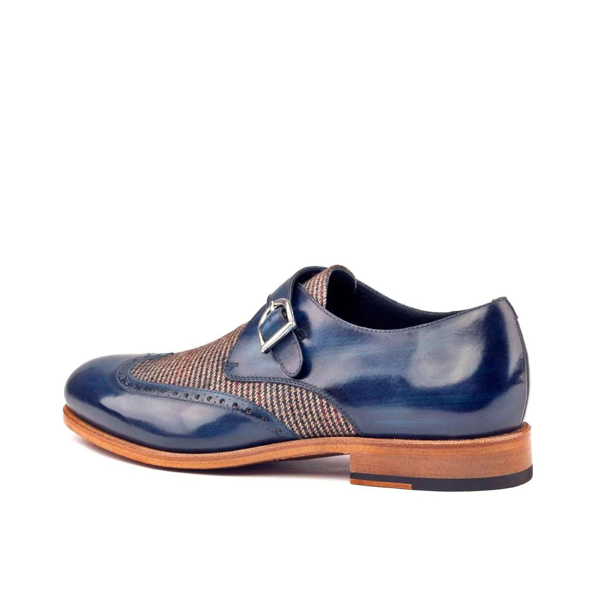 Blue leather and tweed JR Single Monk Patina Shoes showcasing elegant monk patina style