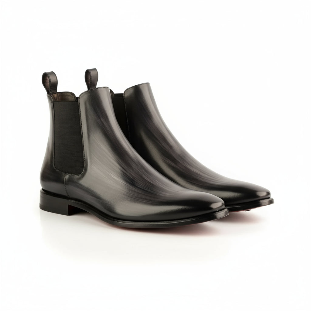 Black leather JT Chelsea Patina Boots showcasing elegant design and versatile style