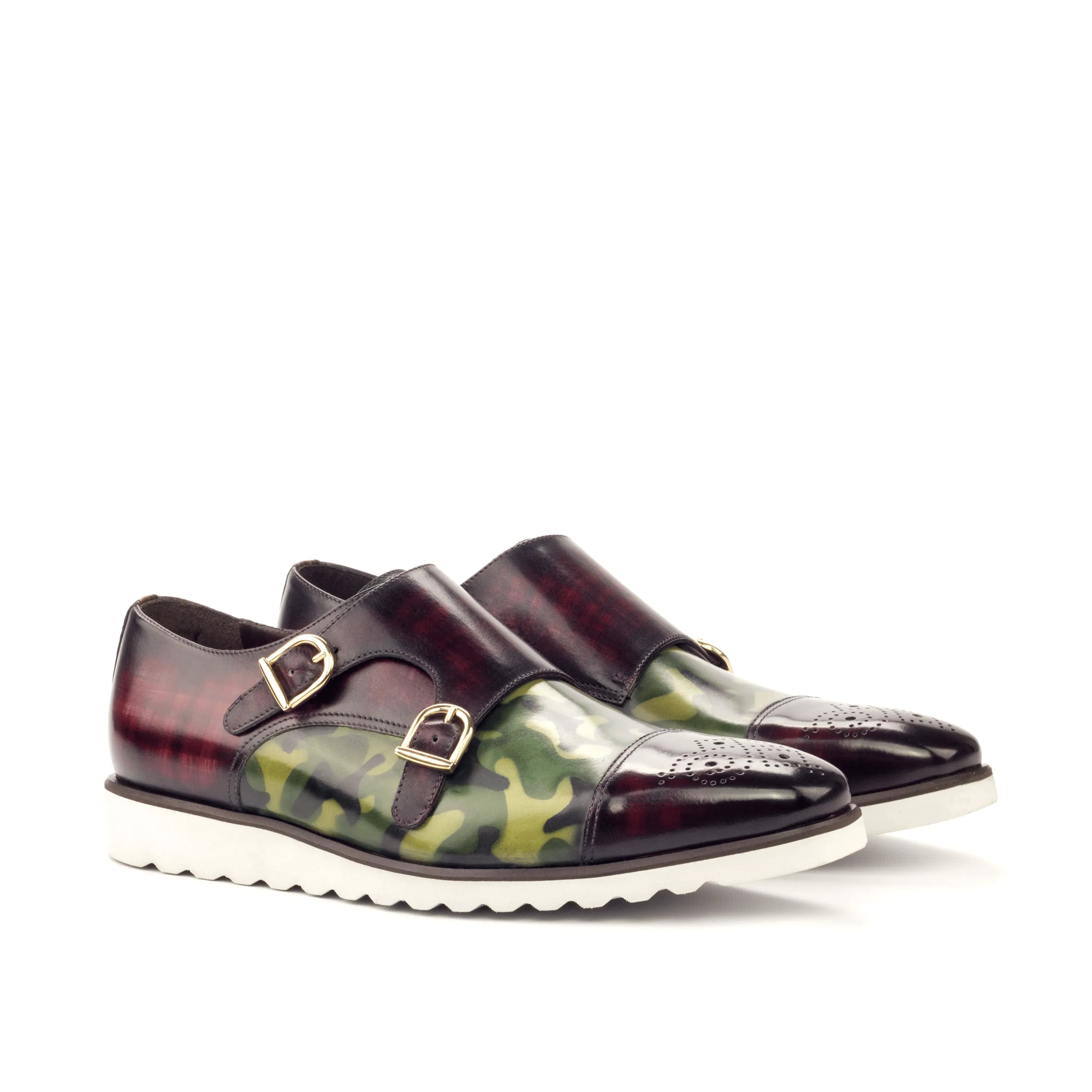 Camouflage and burgundy leather Juan Double Monk Patina shoes for elegant styling