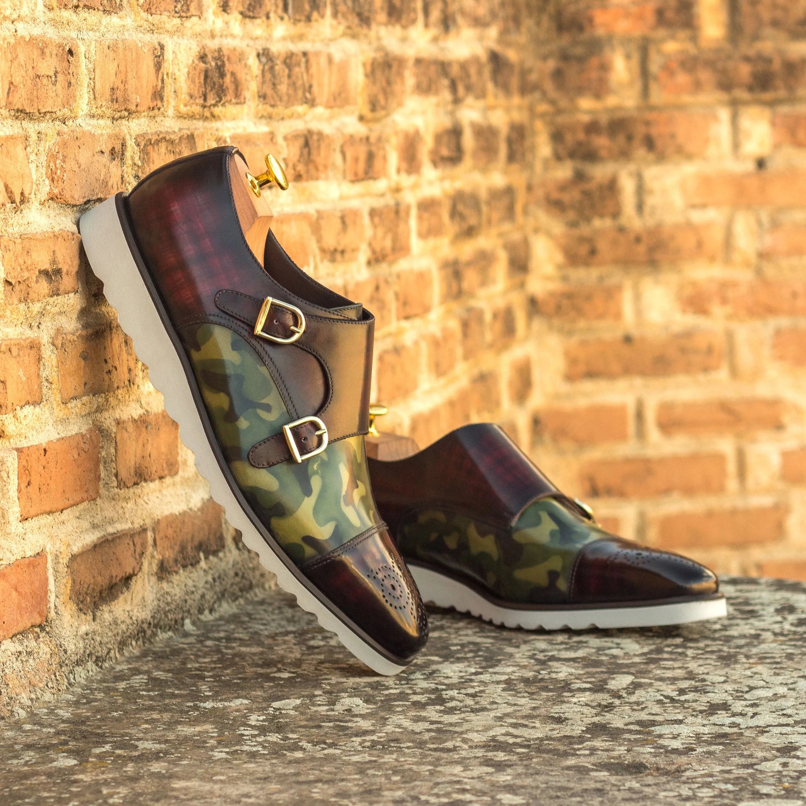 Stylish Juan Double Monk Patina leather shoes in camouflage and burgundy colorway