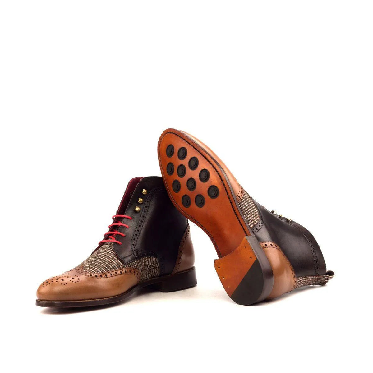 Two-tone leather and tweed Juda Military Brogue Boots featuring brown painted calf accents