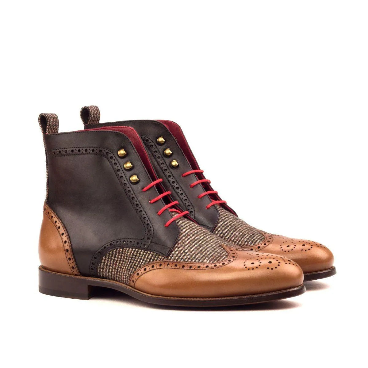 Juda Military Brogue Boots featuring two-toned leather and tweed with brown painted calf