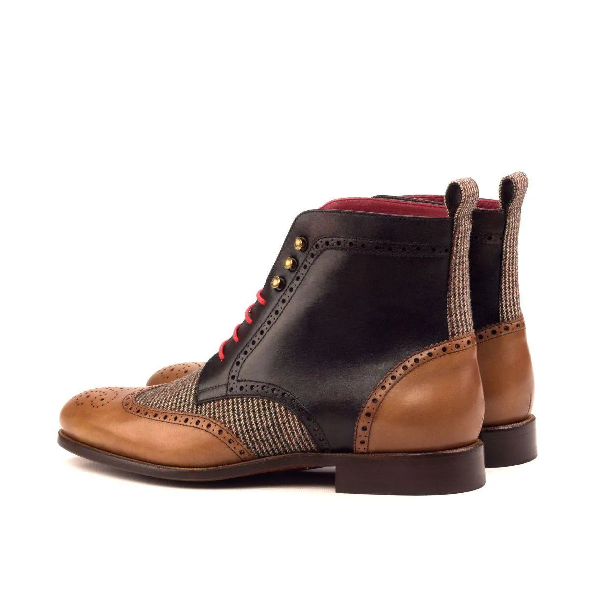 Two-toned leather and tweed Juda Military Brogue Boots featuring brown painted calf