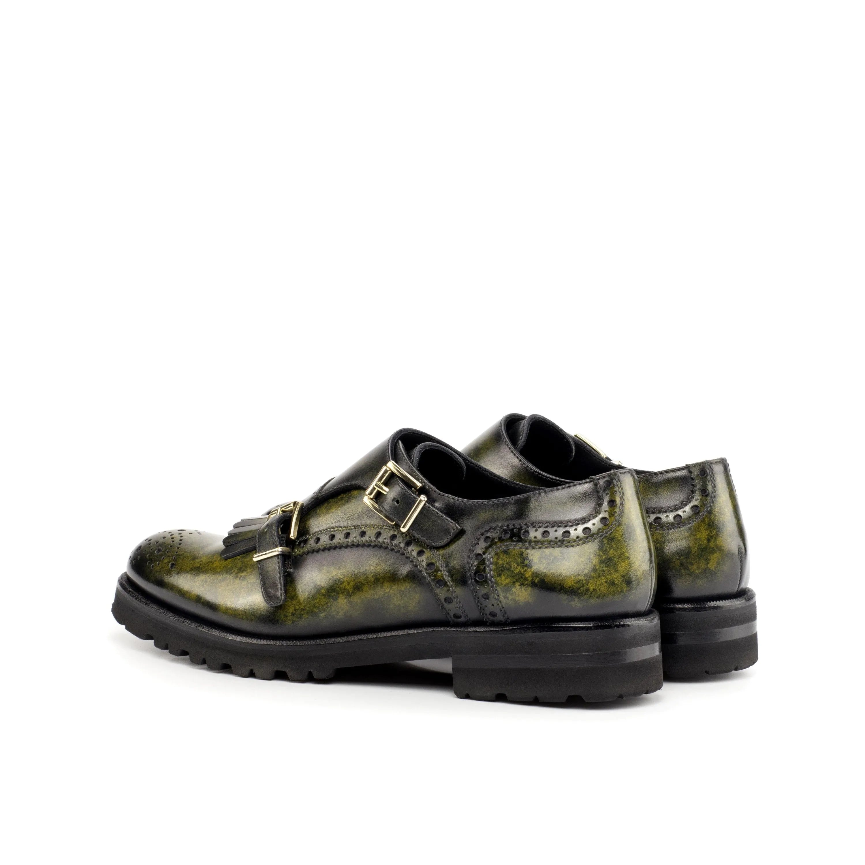 Green and black leather Juju Kiltie Patina Womens Monk Strap shoes, stylish and unique