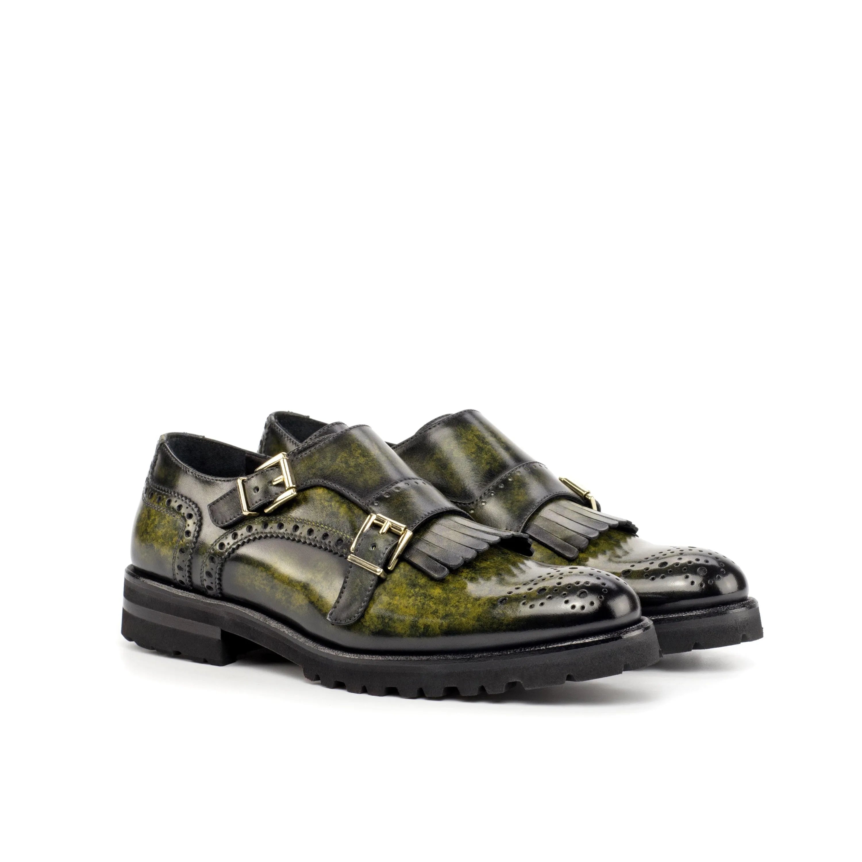 Green leather double monk strap shoes from Juju Kiltie Patina Womens collection