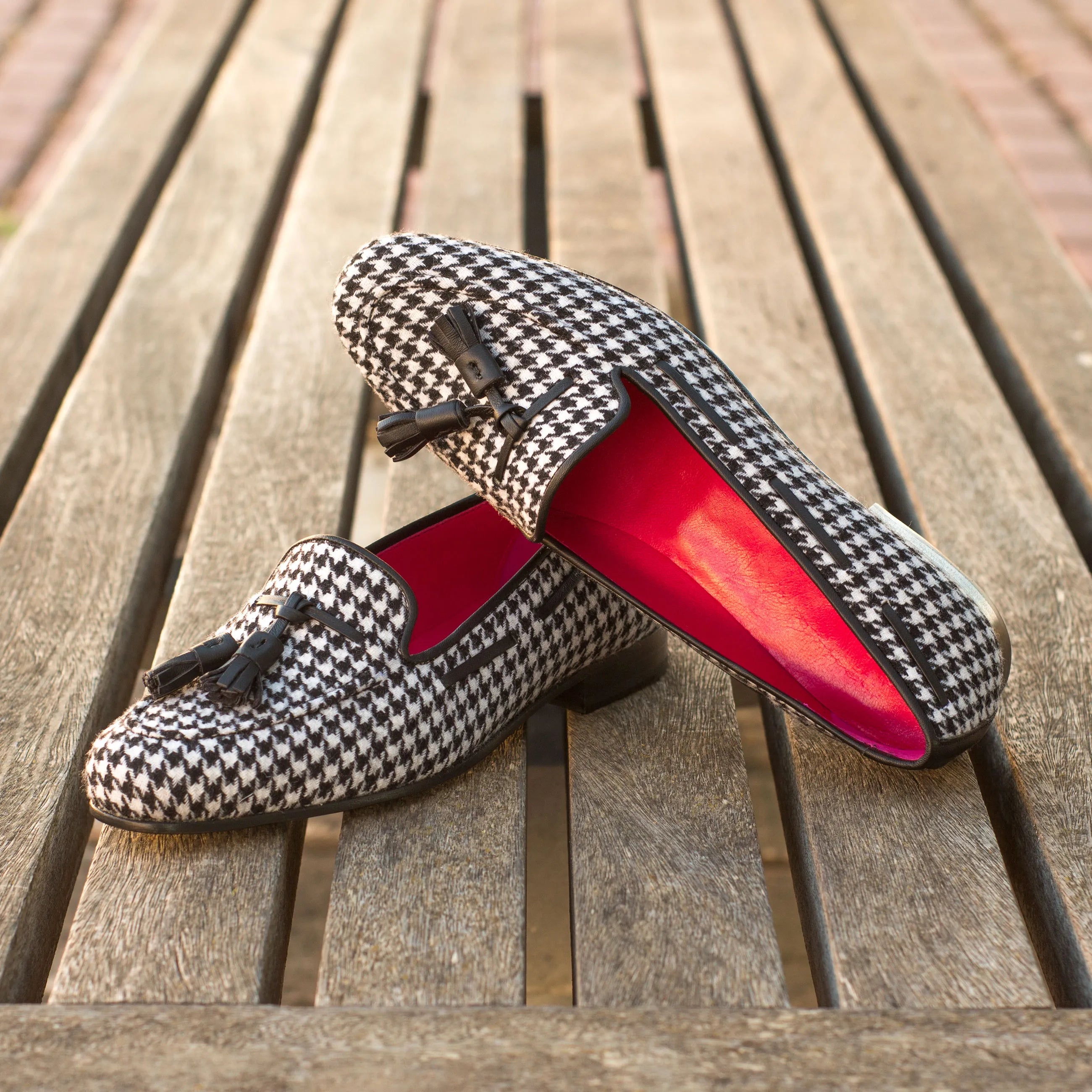 Houndstooth tassel loafers with red lining, Julia Rose Ladies slipon in calf leather