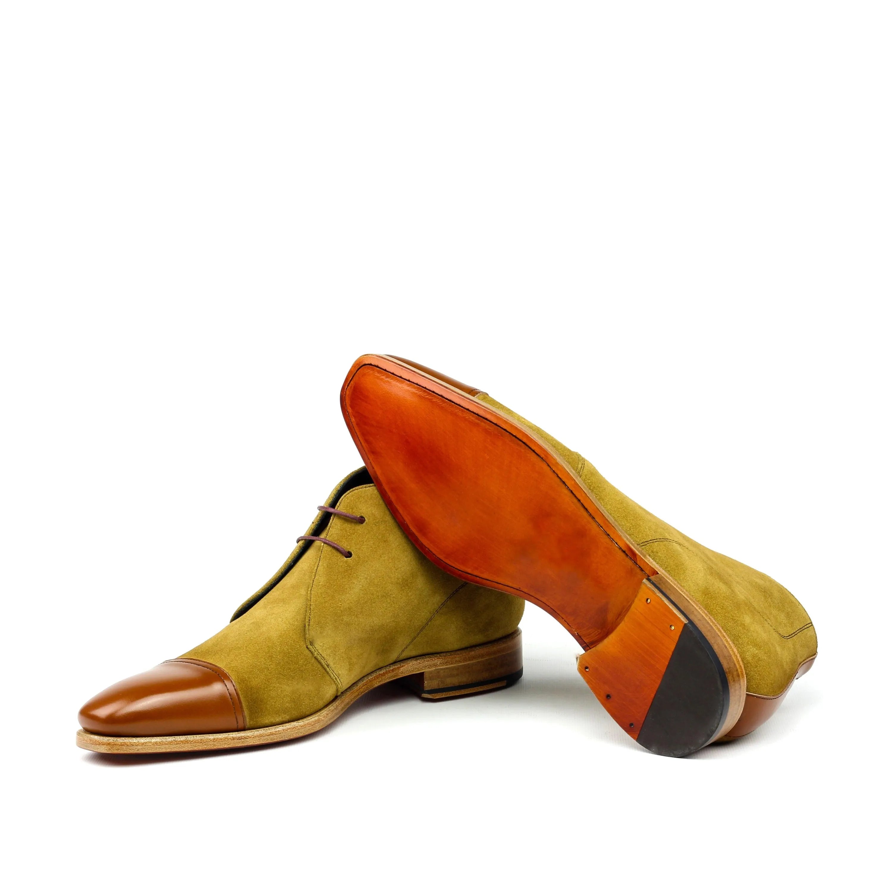 Two-tone suede leather dress boots, Juliano Chukka, luxury bespoke shoes for men