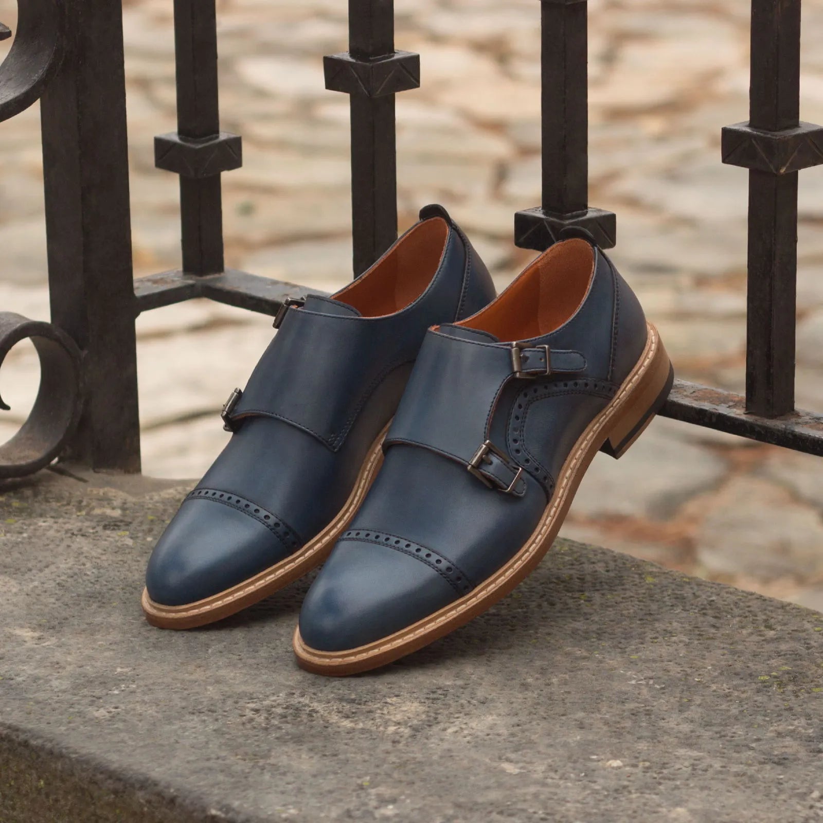 Blue leather double monk strap shoes from the Julieta Woman Double Monk II collection