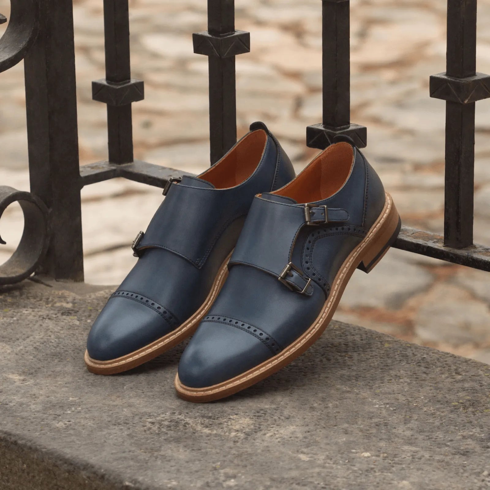 Blue leather double monk strap shoes from Julieta Woman Double collection