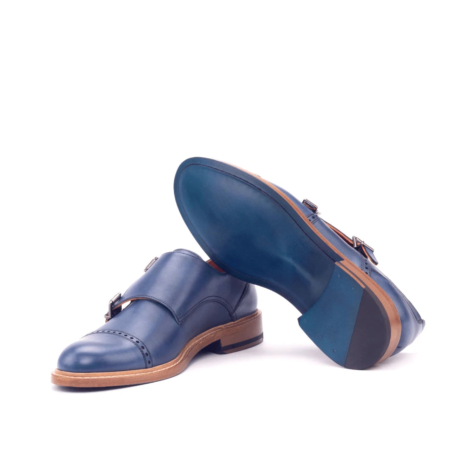 Pair of blue leather monk strap shoes from Julieta Woman Double Monk collection