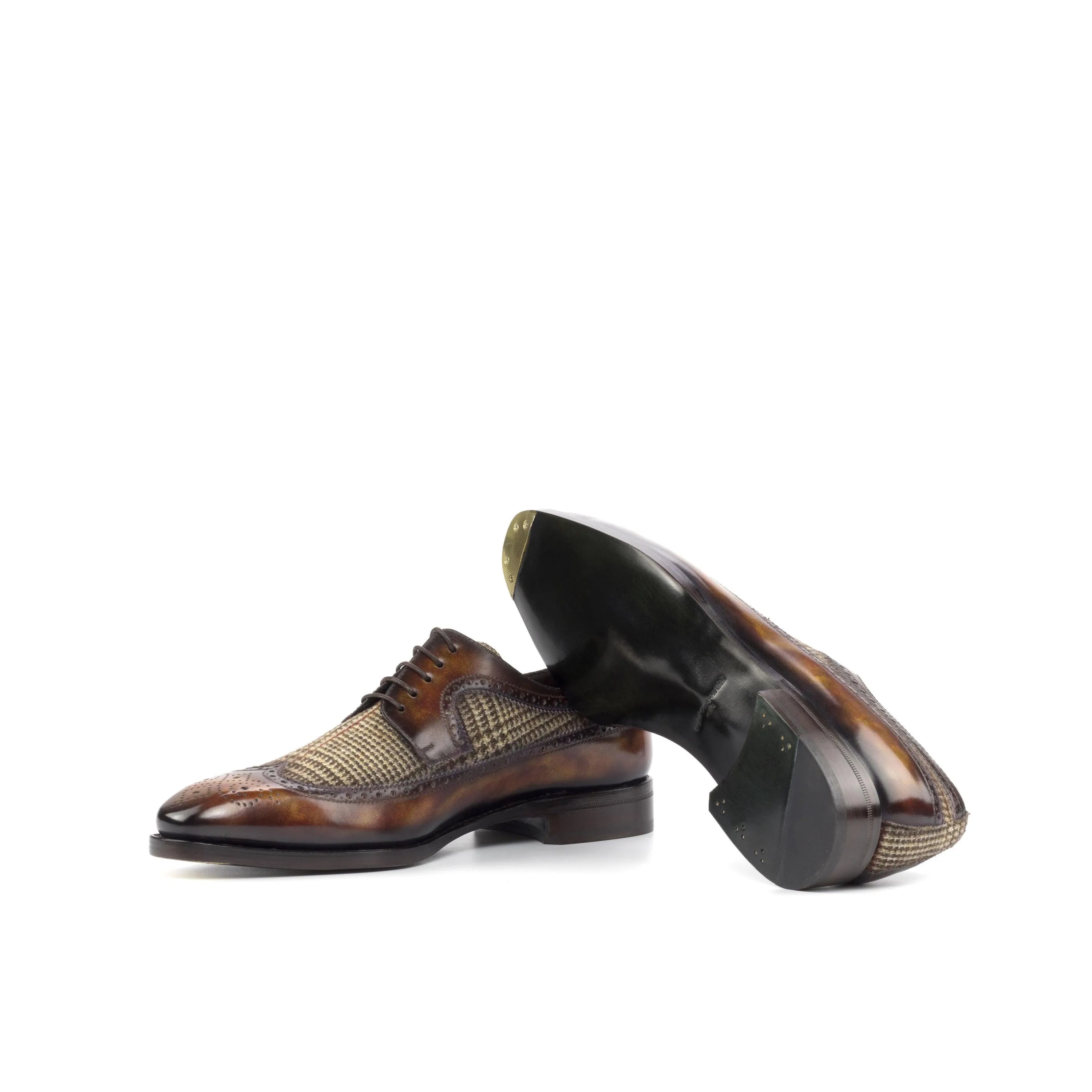 Brown leather and tweed Junos Patina Longwing Blucher shoes for stylish formal wear