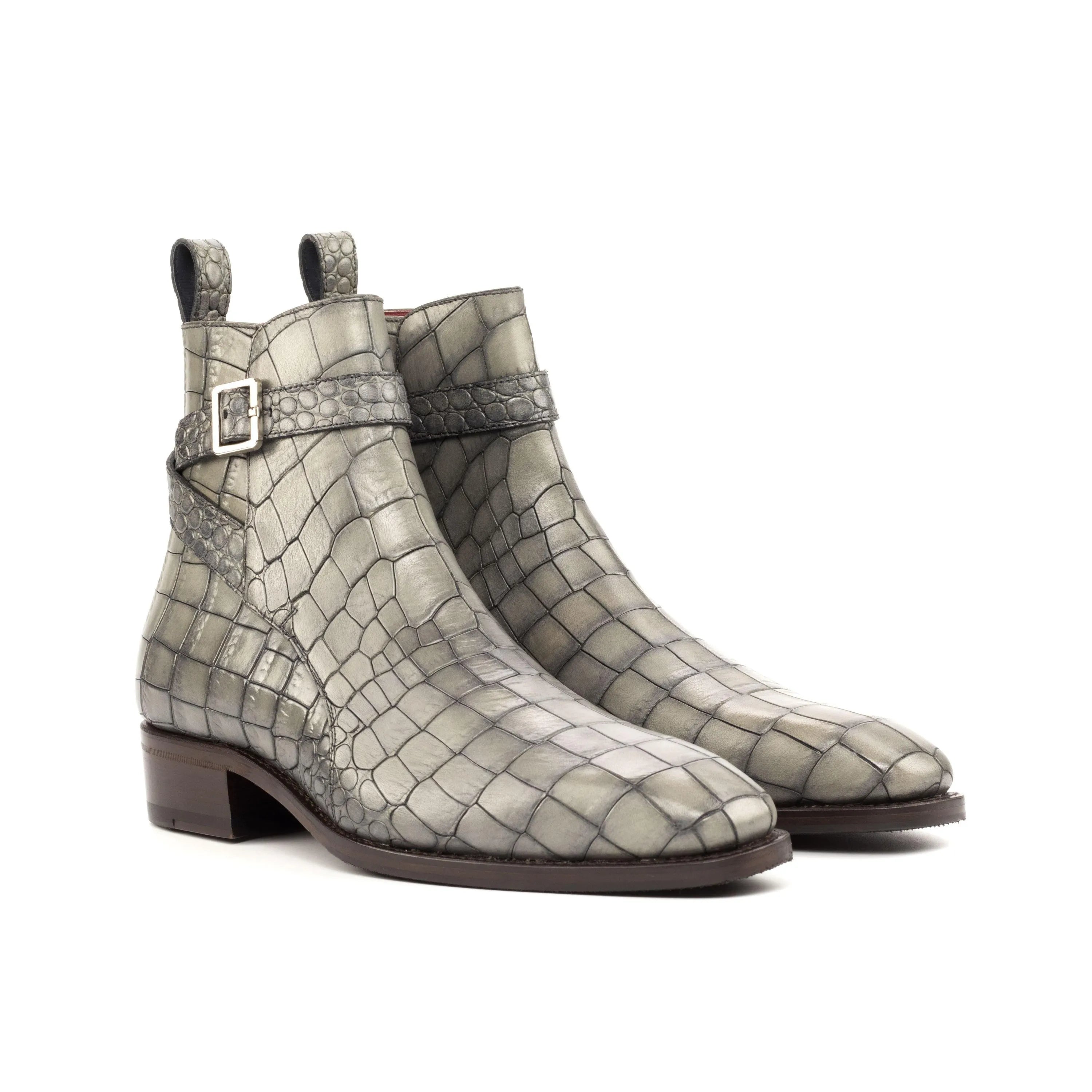 Gray crocodile-patterned ankle boots from the Kain Jodhpur Boots collection