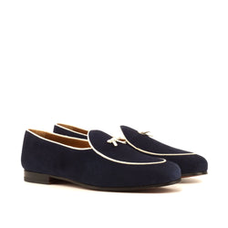 Navy blue velvet loafers with white trim, Kannan Belgian Slipper II for stylish comfort