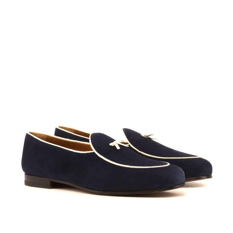 Navy blue velvet loafers with white trim, Kannan Belgian Slipper II for stylish comfort