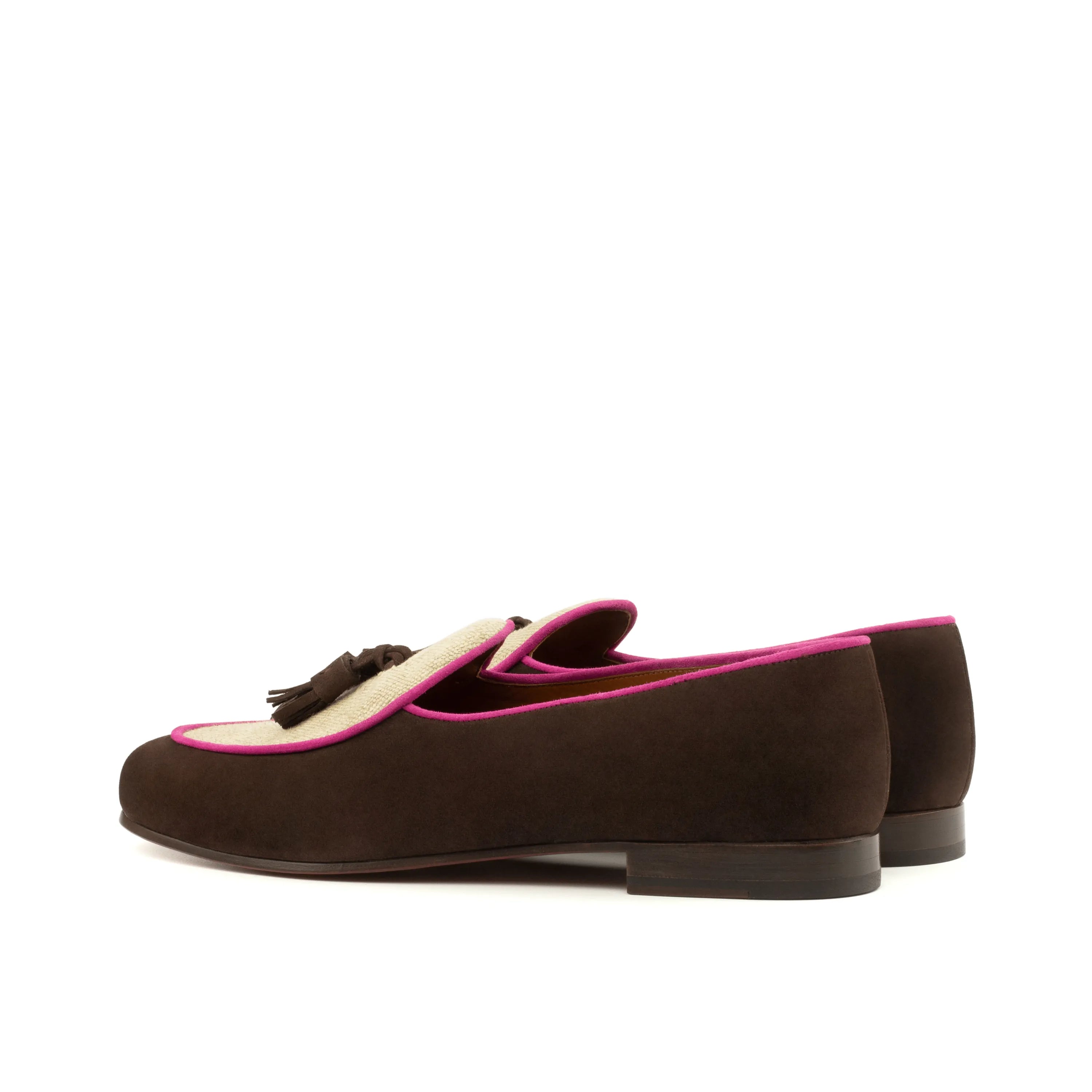 Brown and beige Karok Belgian Slipper with pink trim and stylish tassel detail