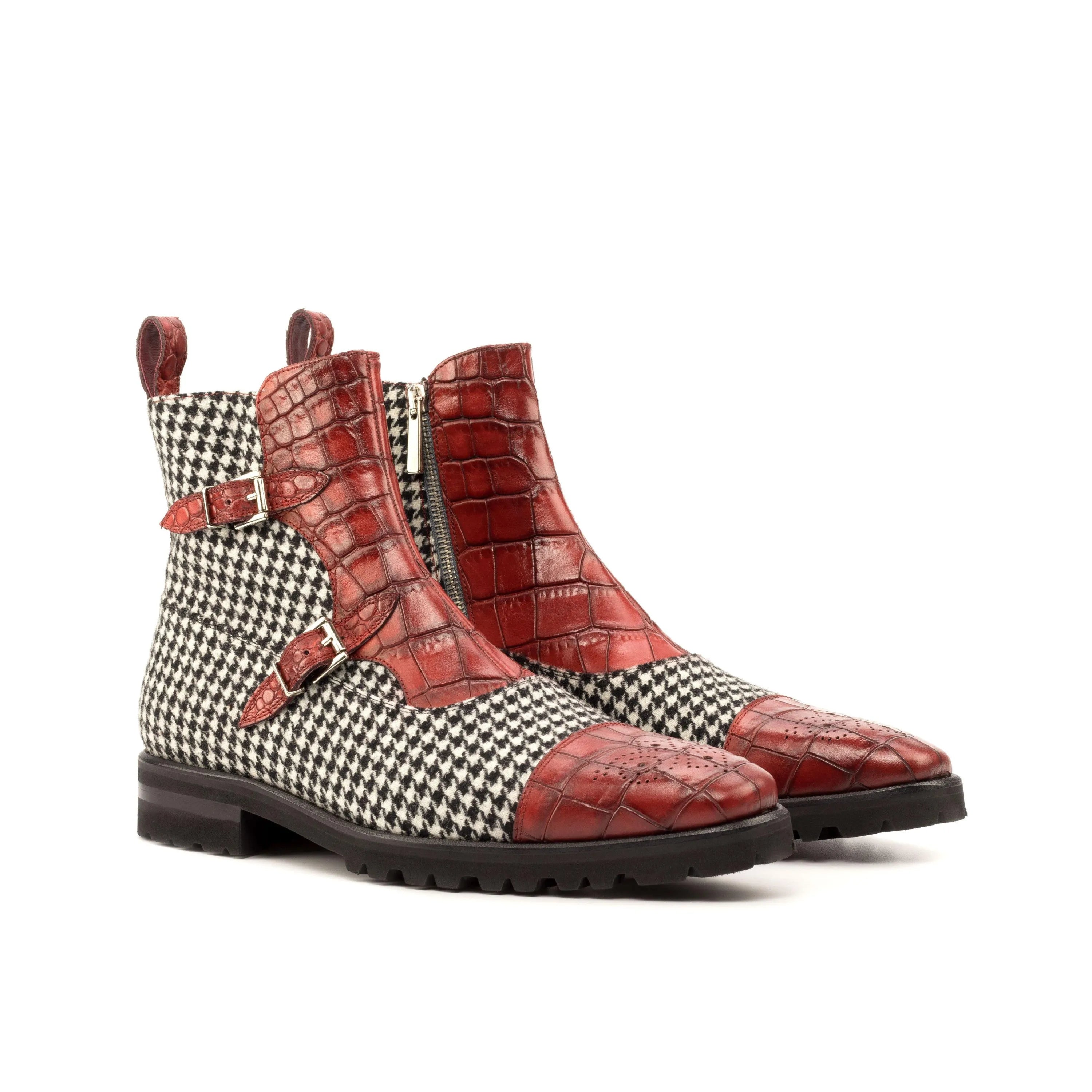 Houndstooth pattern with red leather Ken Octavian Boots for stylish footwear
