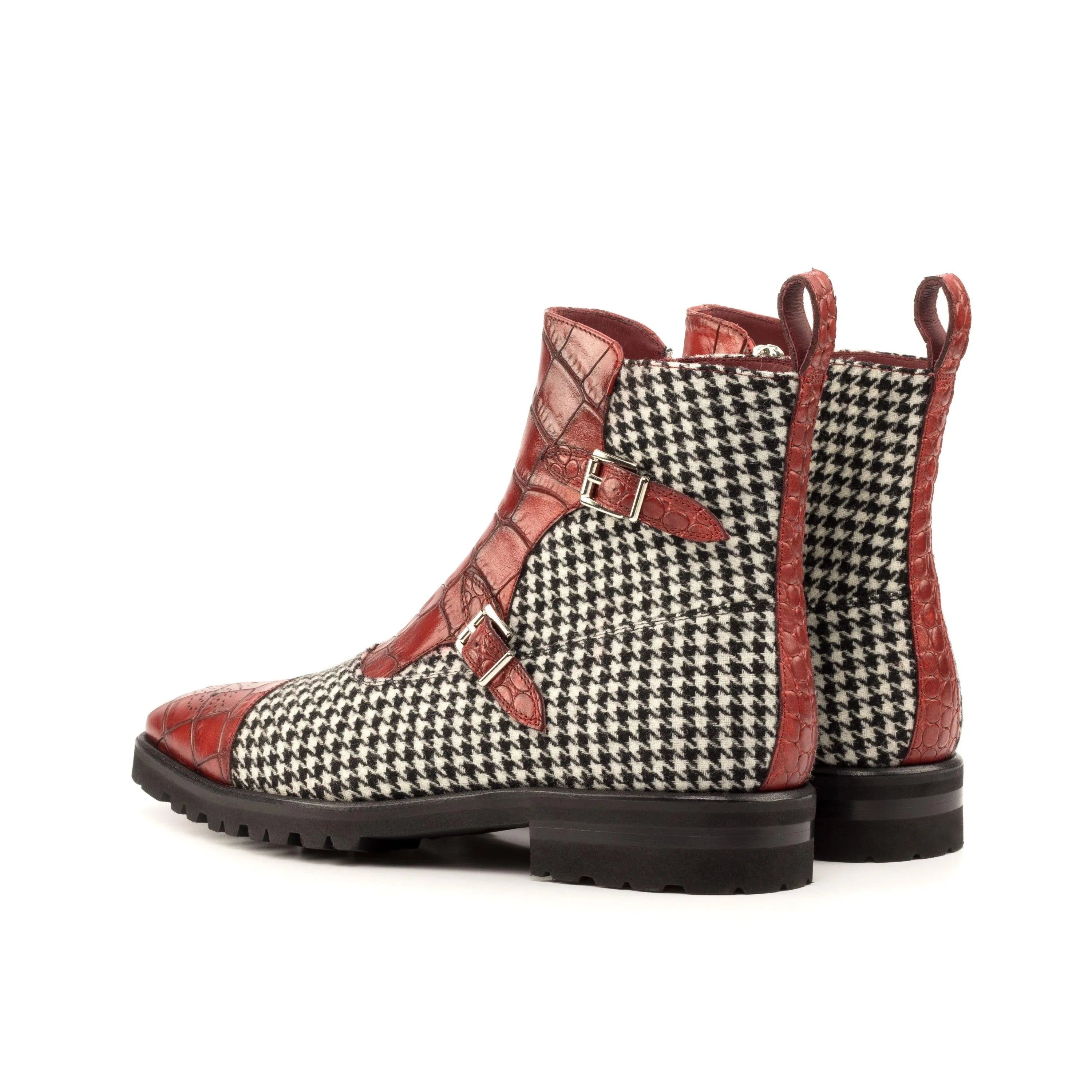 Houndstooth pattern and red leather Ken Octavian Boots for stylish footwear choices