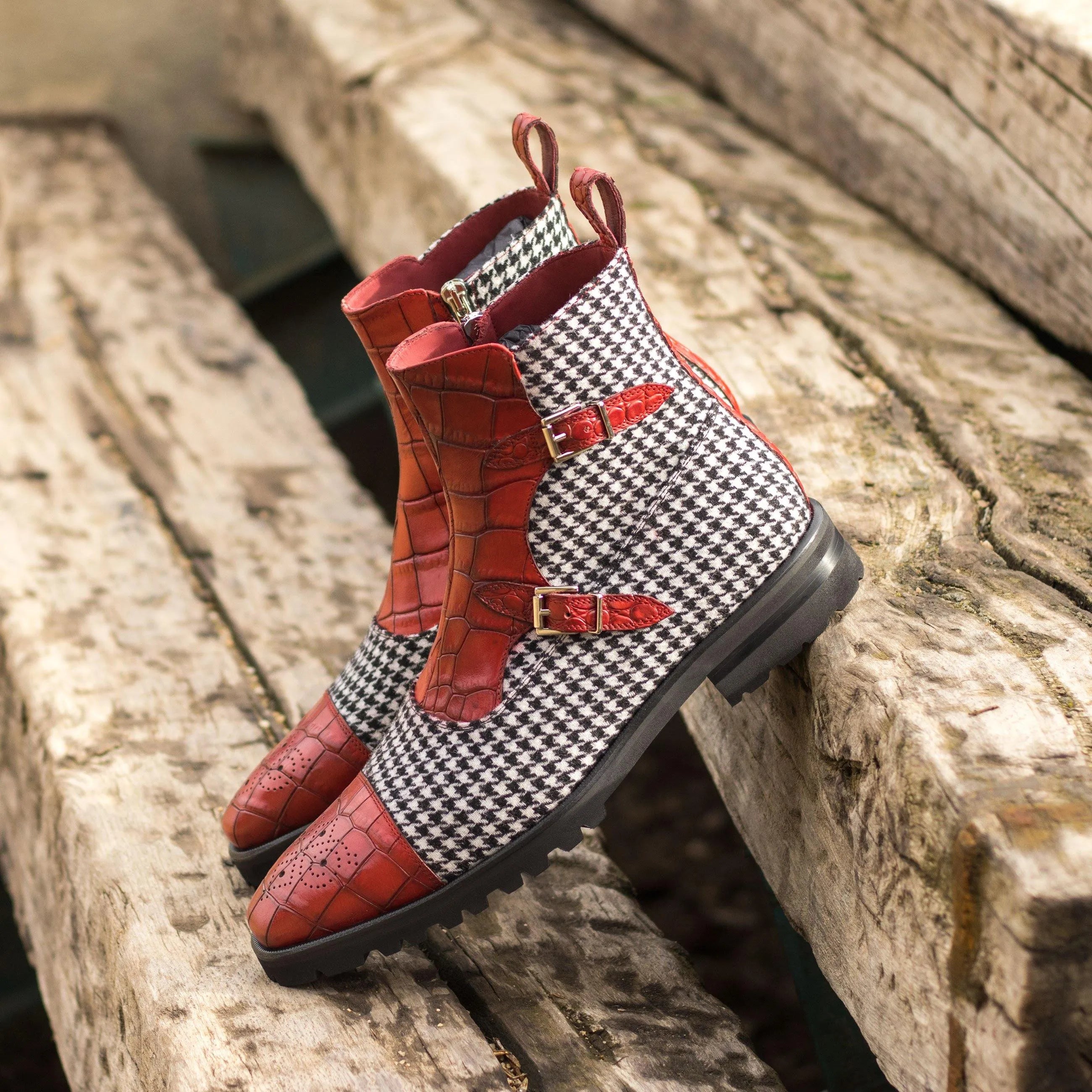 Red and houndstooth ankle boots from Ken Octavian enhance your stylish footwear collection