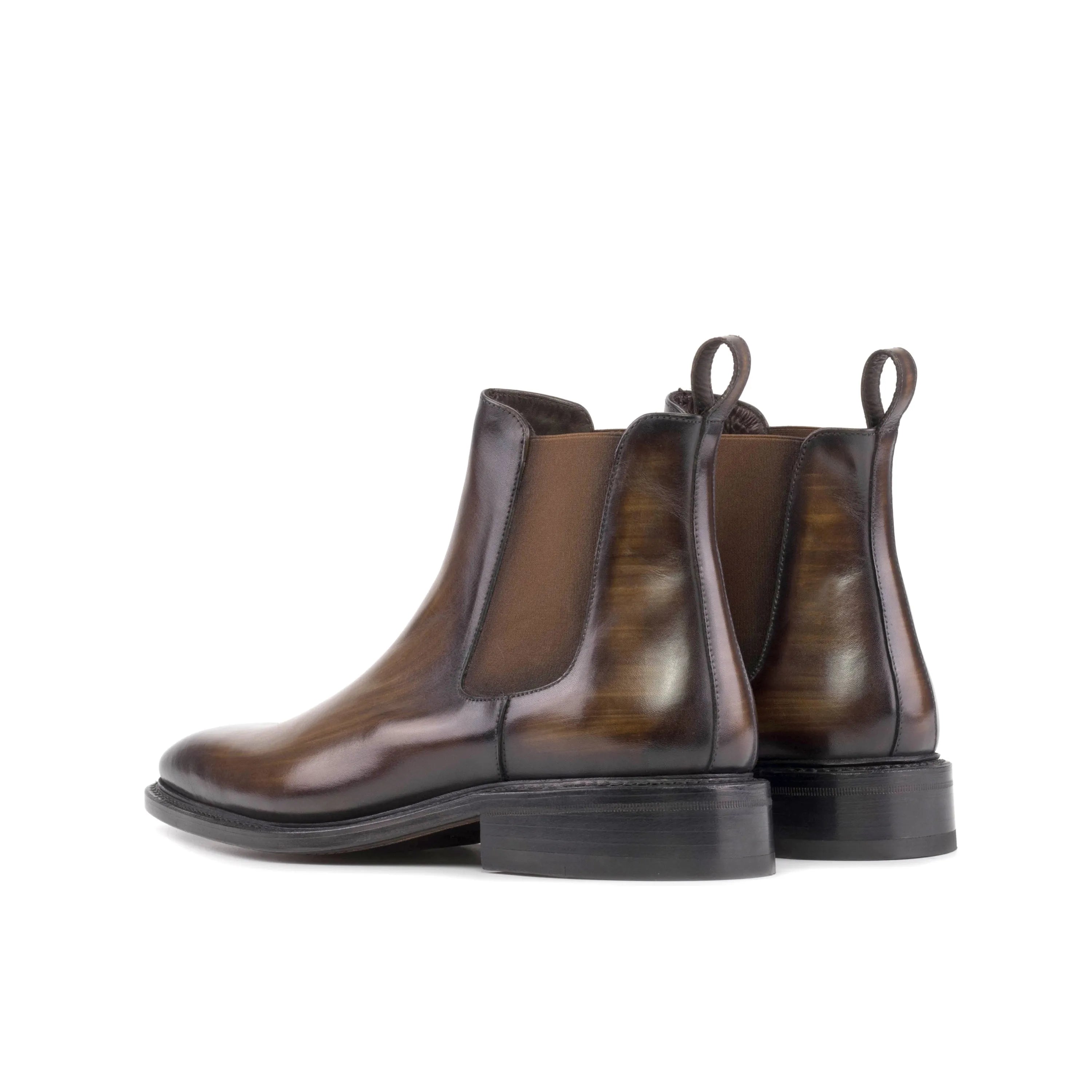 Brown leather Kennedy Patina Chelsea Boots showcasing elegant patina design