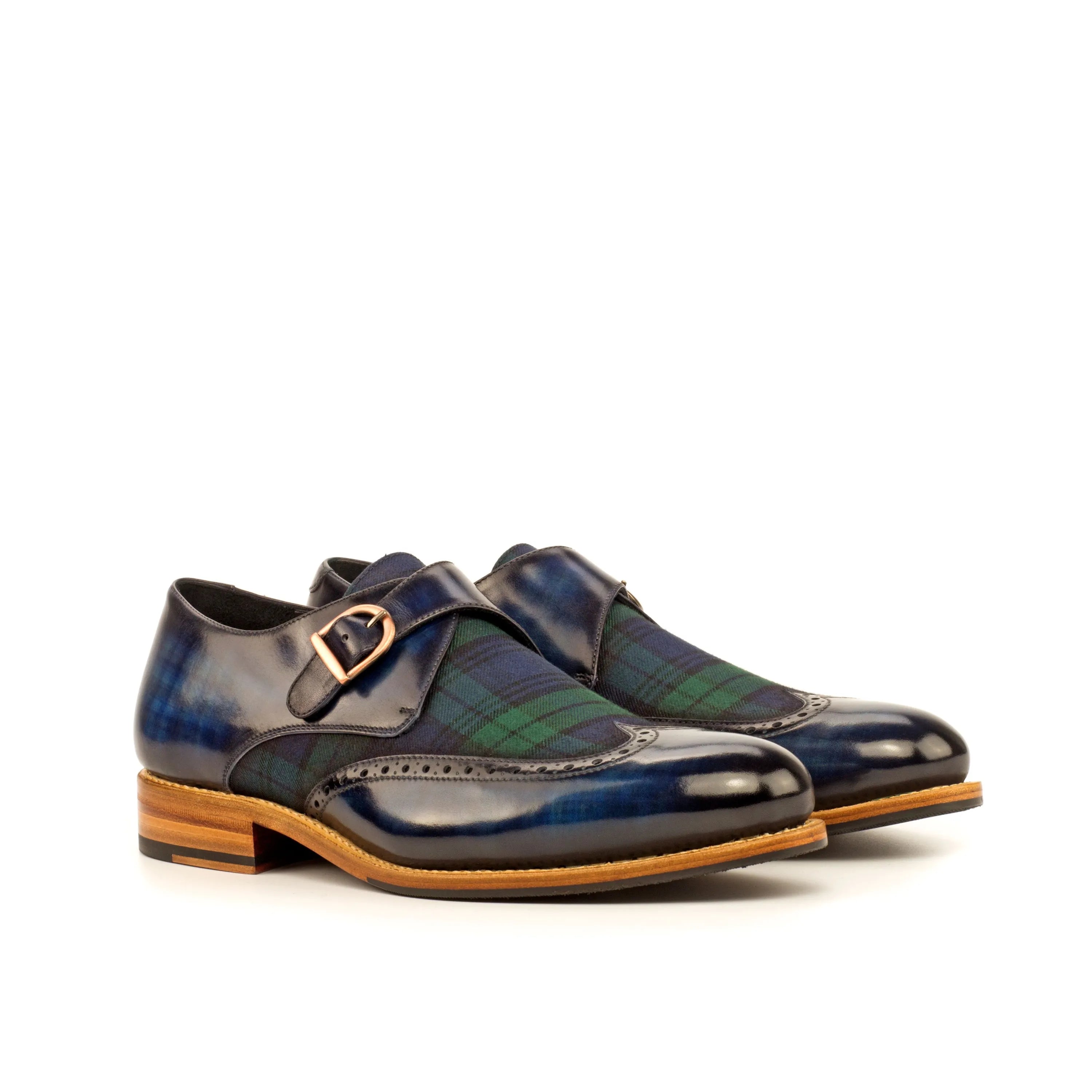 Blue leather and plaid monk strap shoes from Khalil Patina Single Monk collection